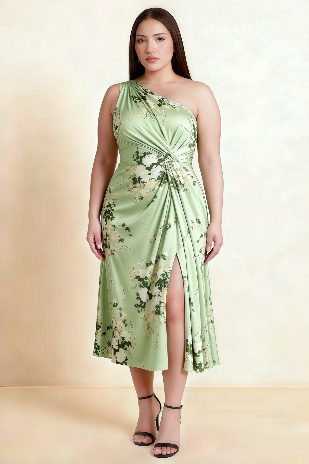 Alexa Green Floral One Shoulder Midi Dress with Slit