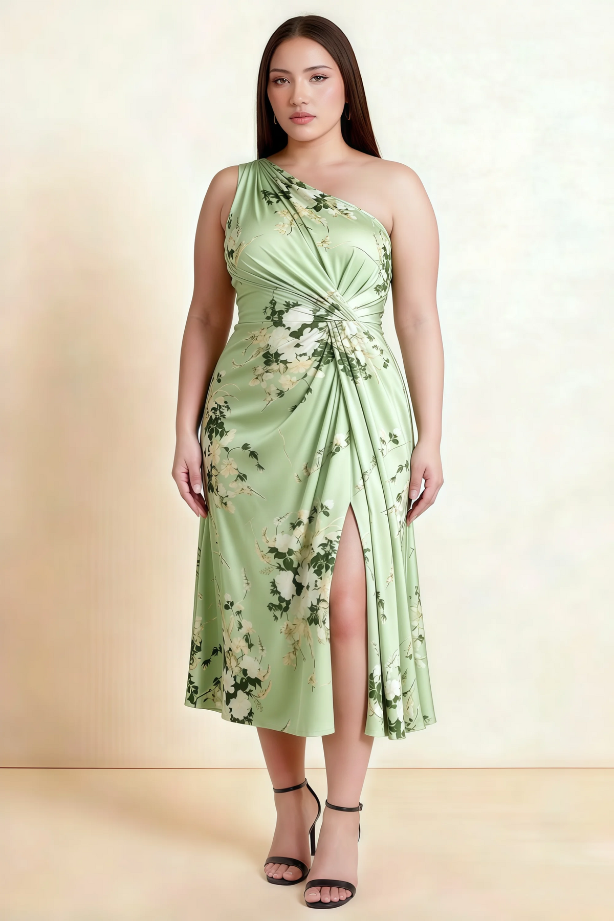 Alexa Green Floral One Shoulder Midi Dress with Slit