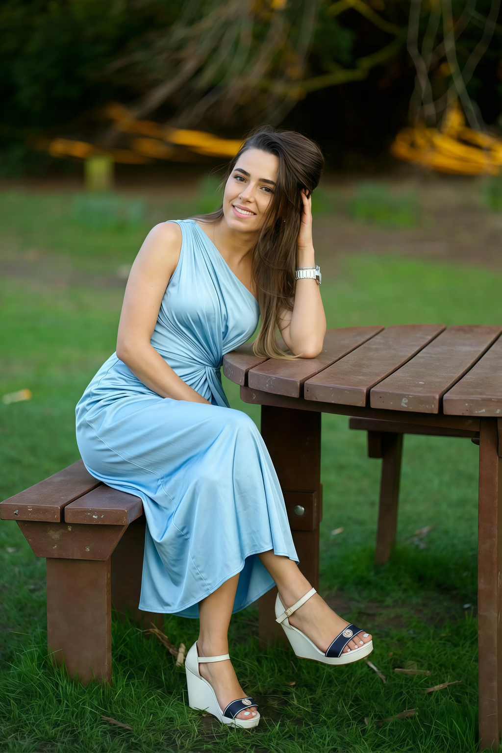 Alexa Haze Blue Satin One Shoulder Midi Dress with Slit