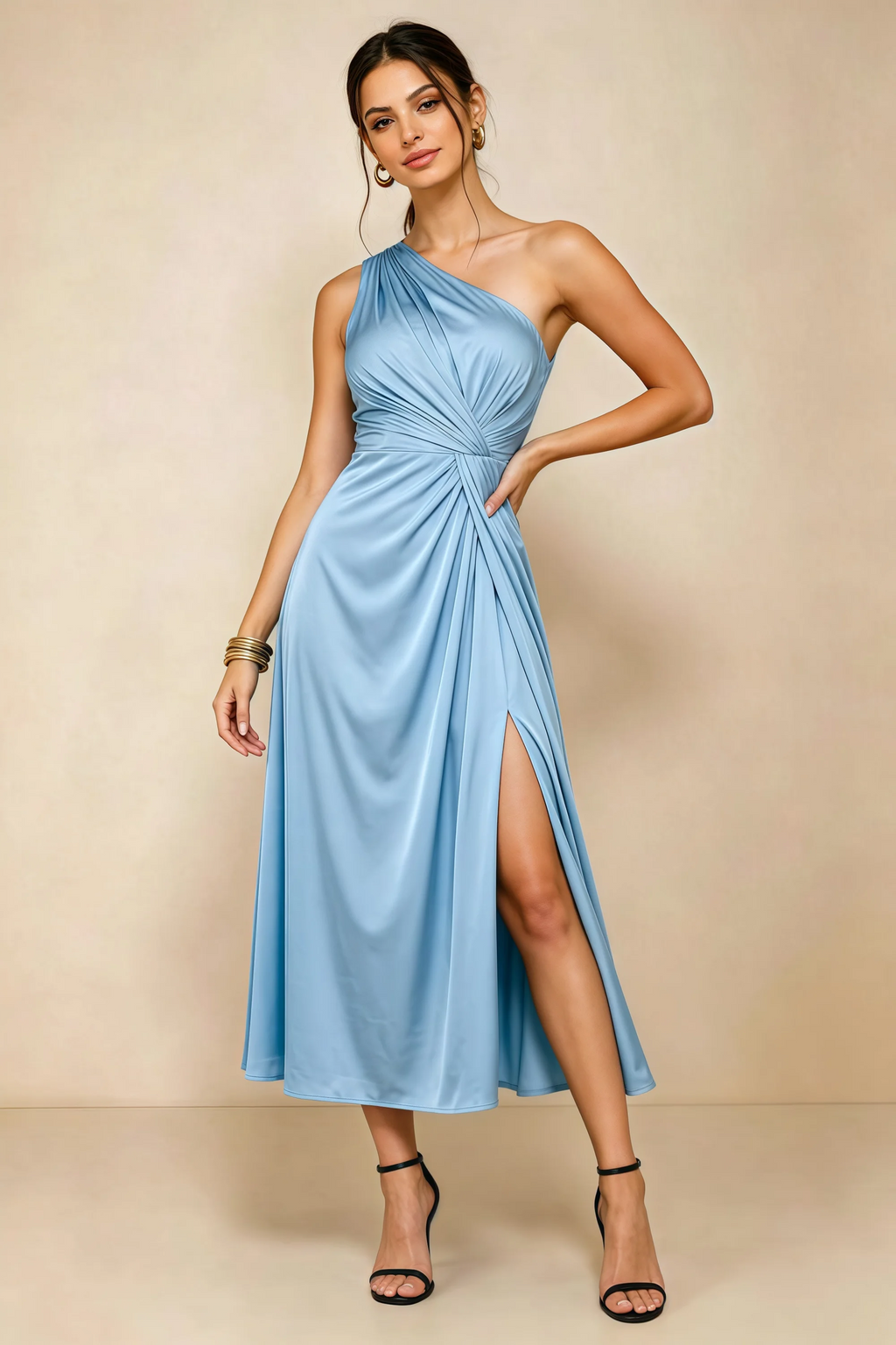 Alexa Haze Blue Satin One Shoulder Midi Dress with Slit