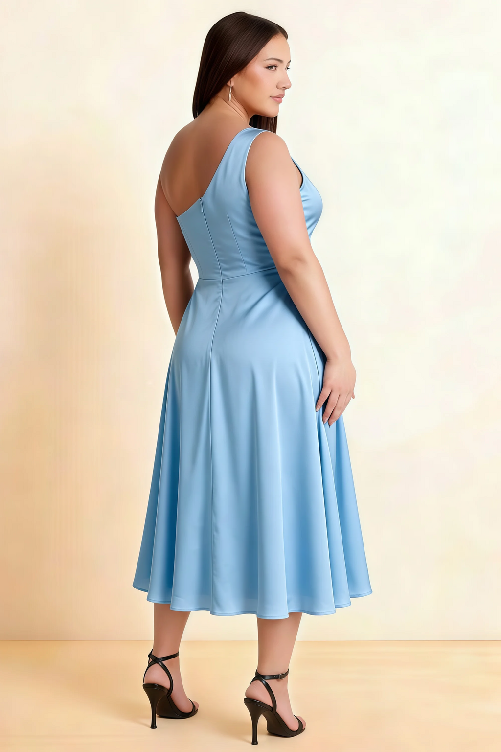 Alexa Haze Blue Satin One Shoulder Midi Dress with Slit