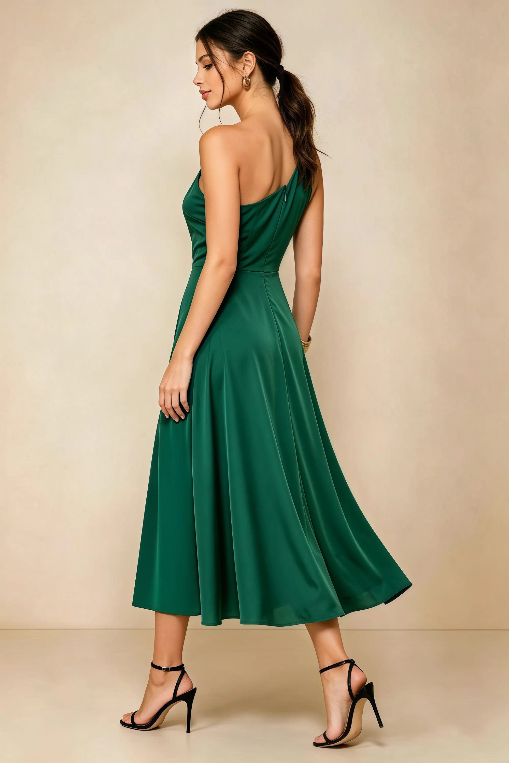 Alexa Hunter Green Satin One Shoulder Midi Dress with Slit Imagen secundaria del producto