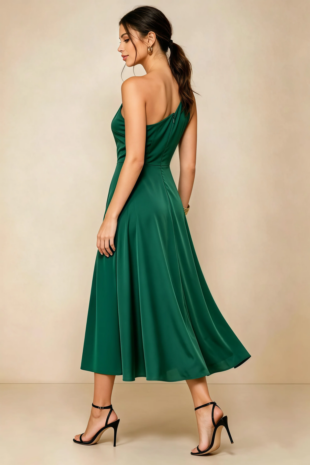 Alexa Hunter Green Satin One Shoulder Midi Dress with Slit