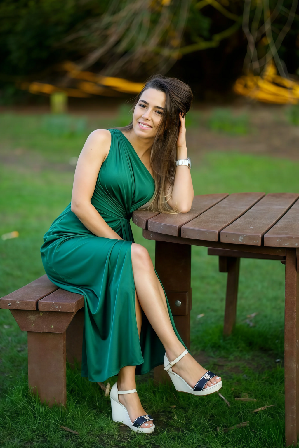 Alexa Hunter Green Satin One Shoulder Midi Dress with Slit