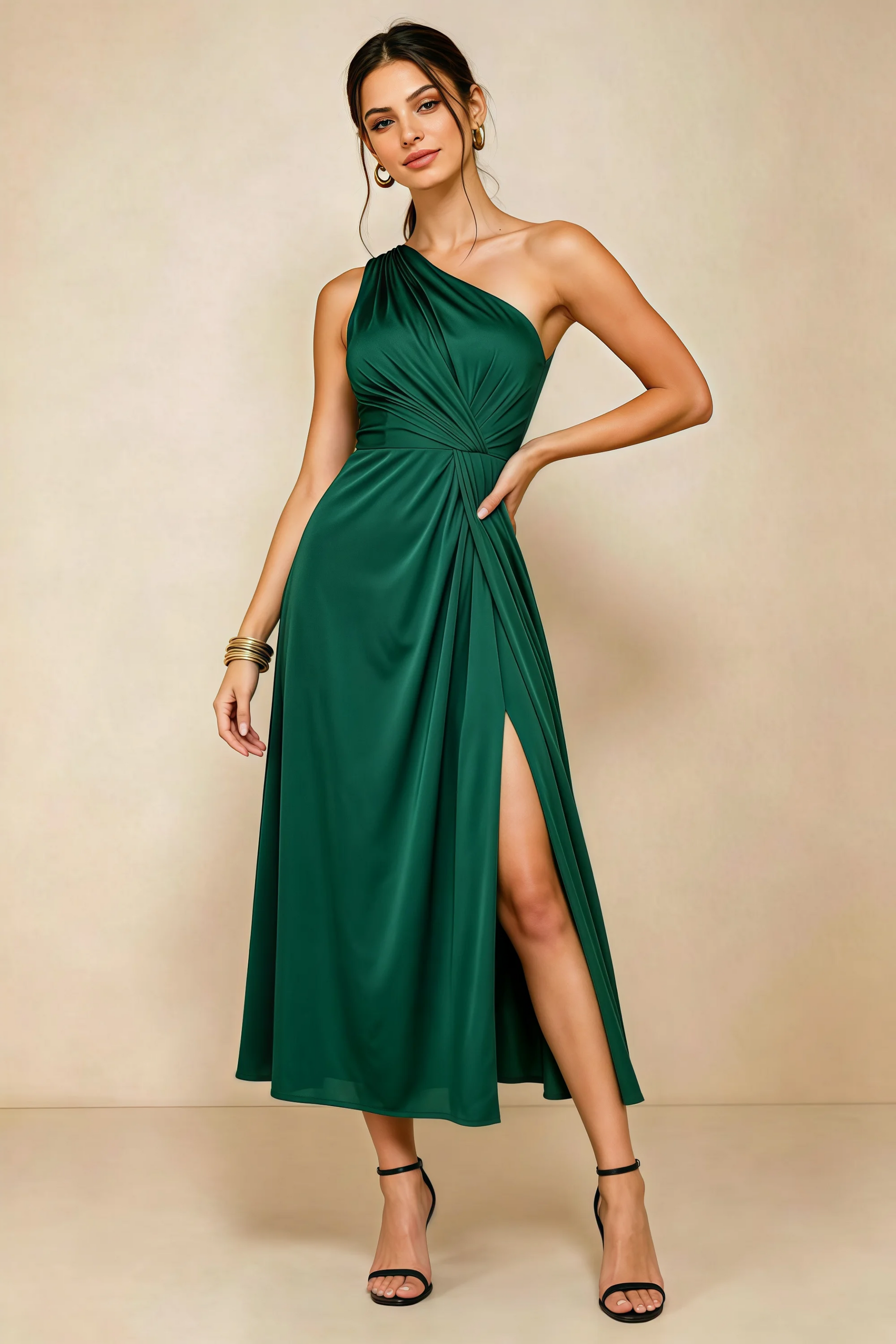 Alexa Hunter Green Satin One Shoulder Midi Dress with Slit