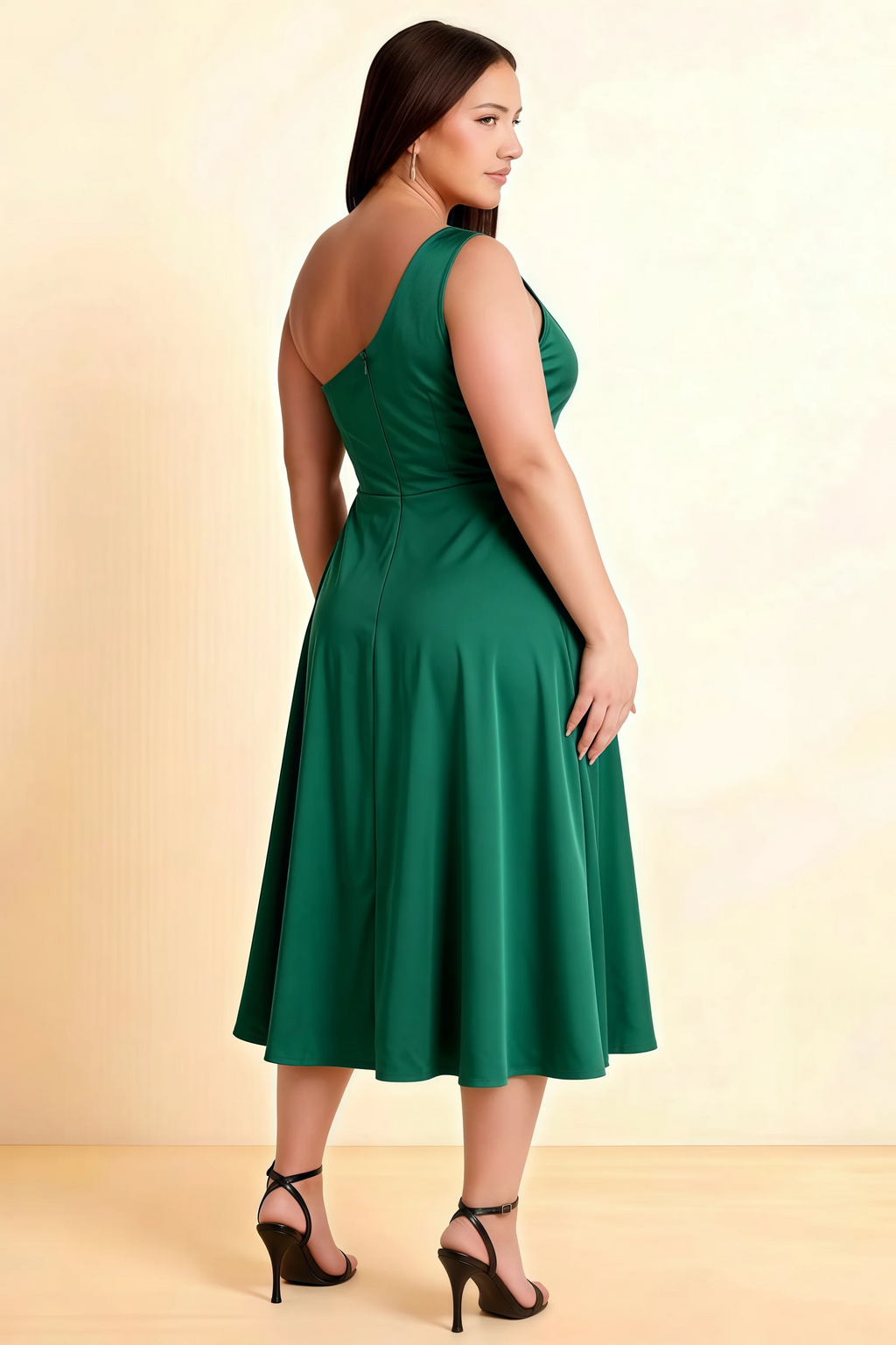 Alexa Hunter Green Satin One Shoulder Midi Dress with Slit