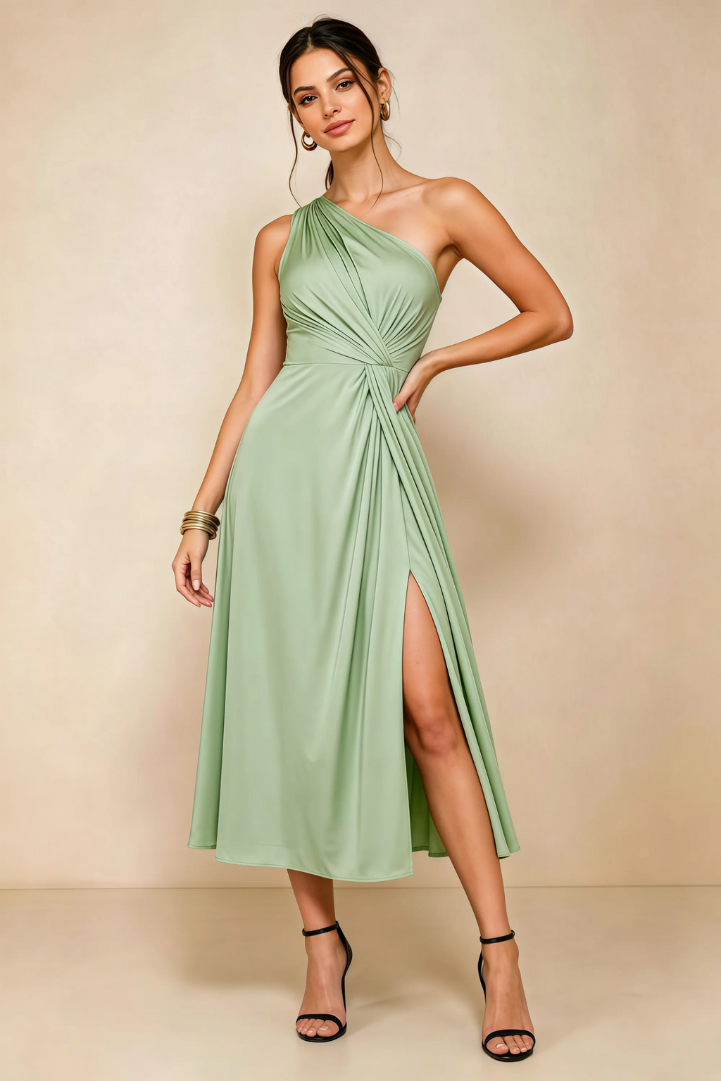 Alexa Light Green Satin One Shoulder Midi Dress with Slit