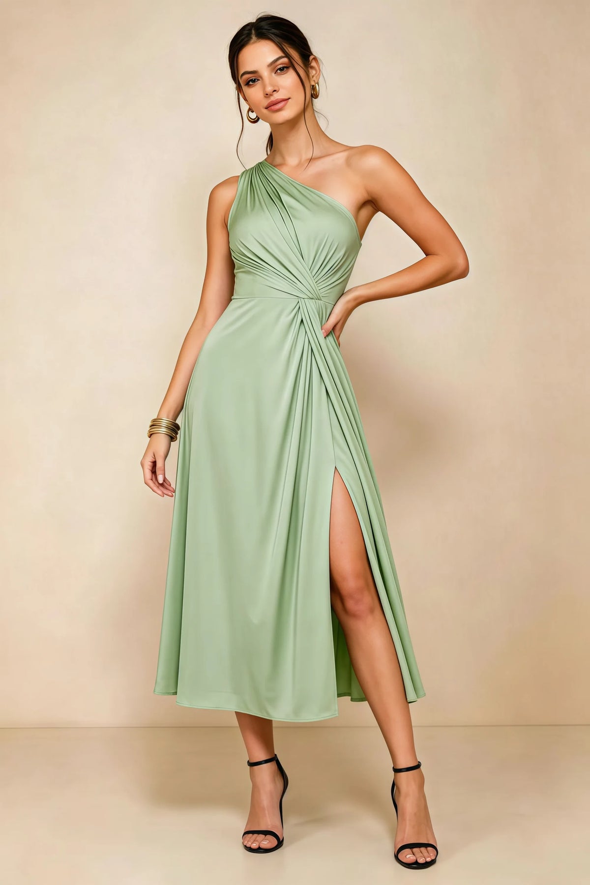 Alexa Light Green Satin One Shoulder Midi Dress with Slit Imagen principal del producto