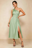 Alexa Light Green Satin One Shoulder Midi Dress with Slit