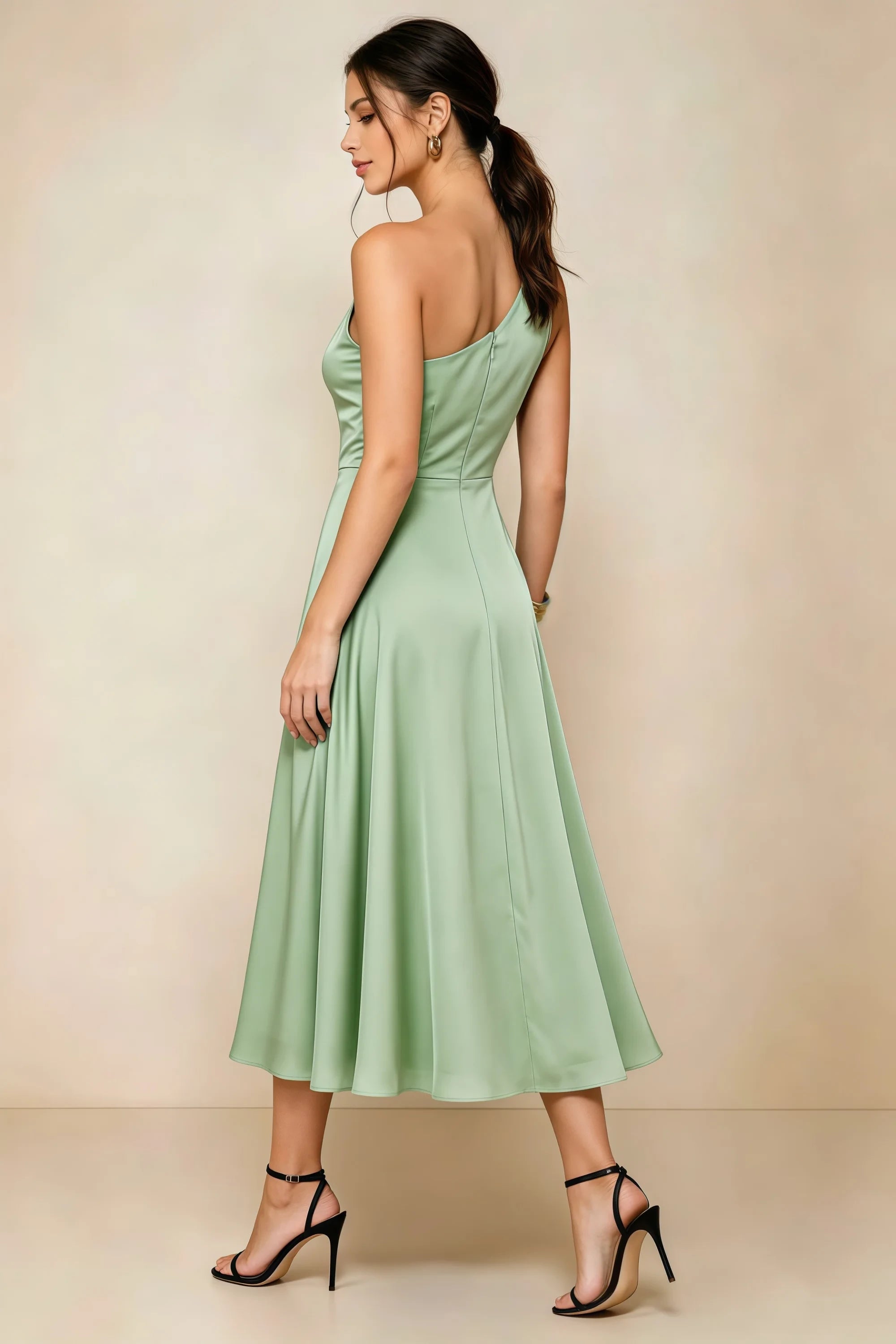 Alexa Light Green Satin One Shoulder Midi Dress with Slit Imagen secundaria del producto