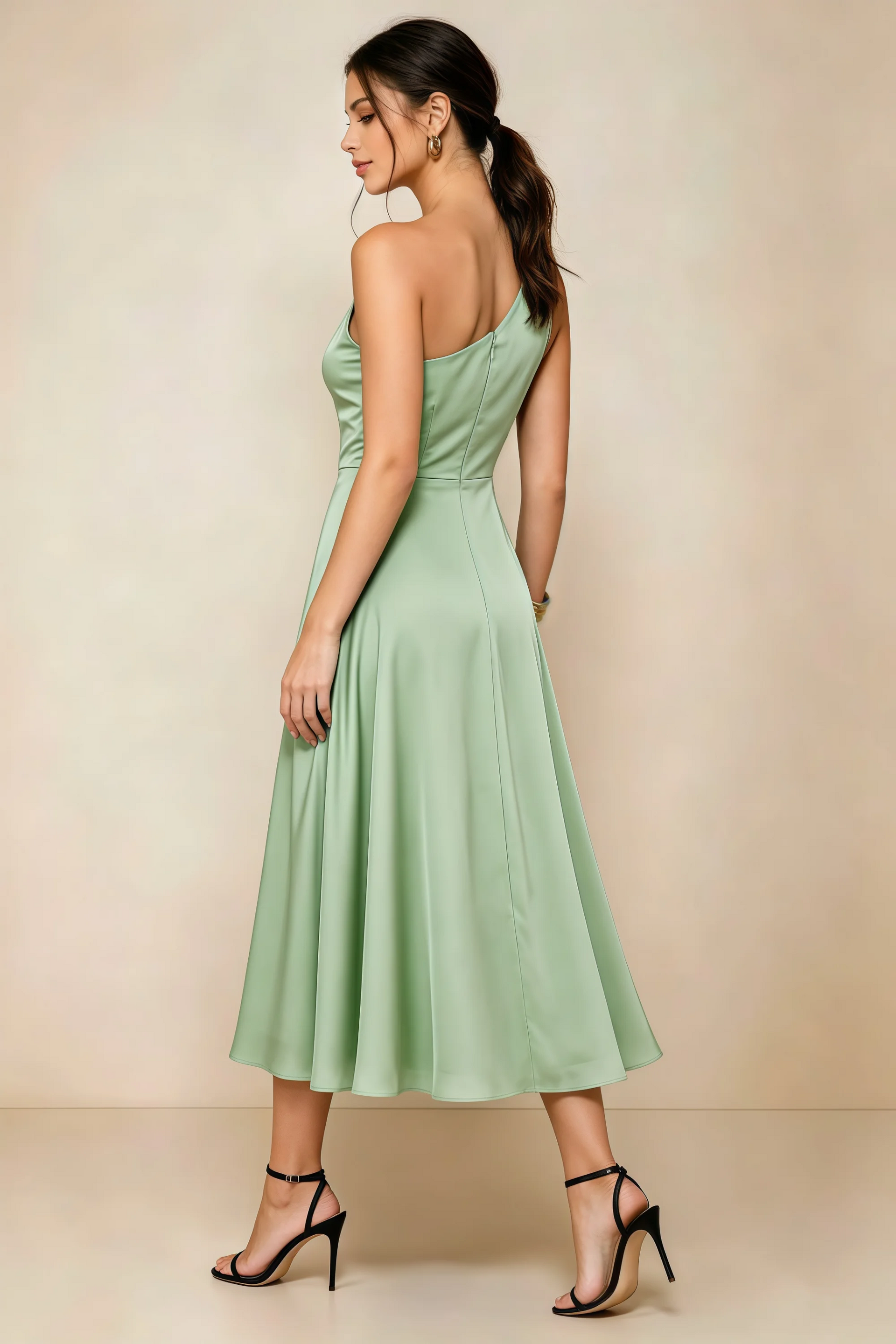 Alexa Light Green Satin One Shoulder Midi Dress with Slit