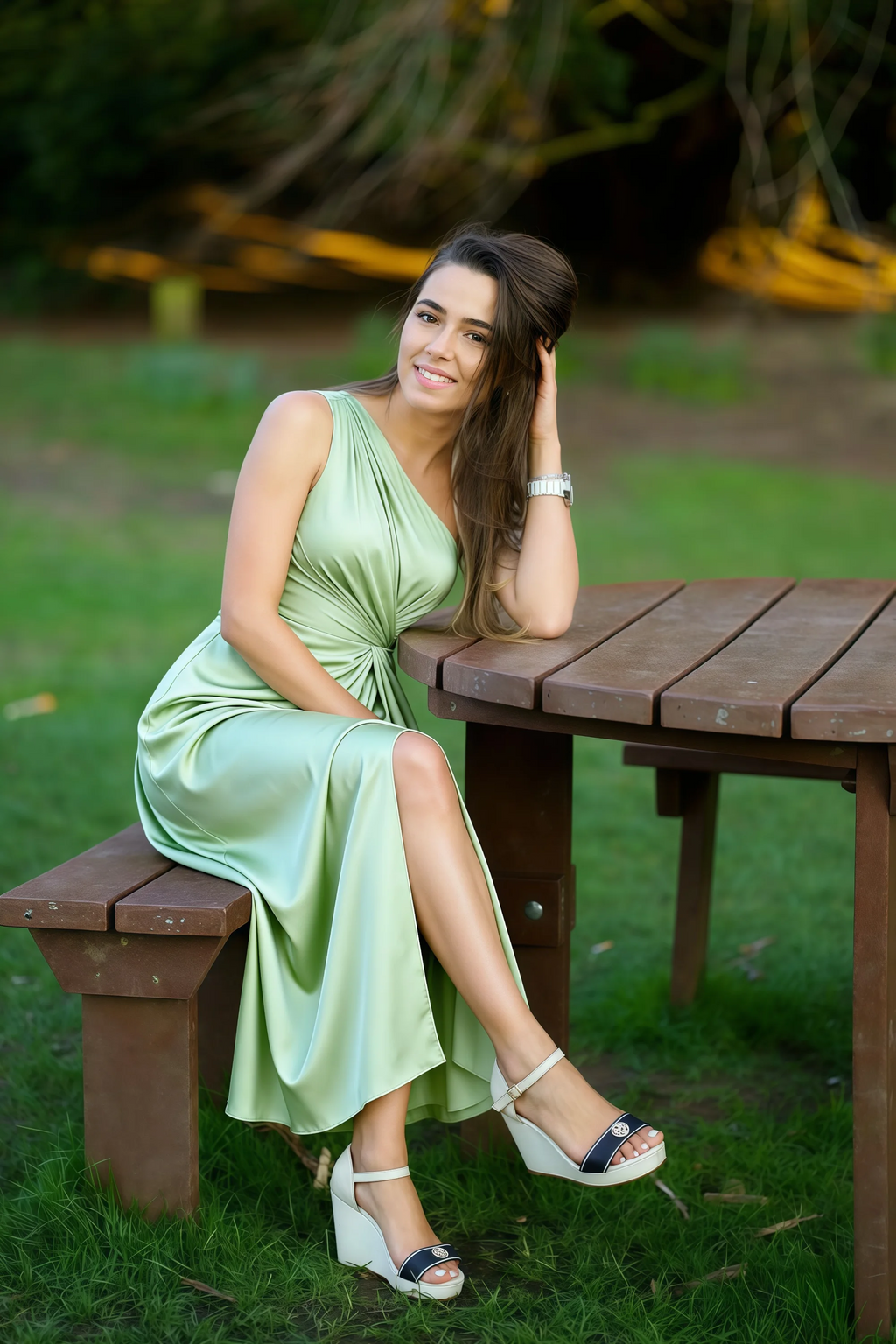 Alexa Light Green Satin One Shoulder Midi Dress with Slit