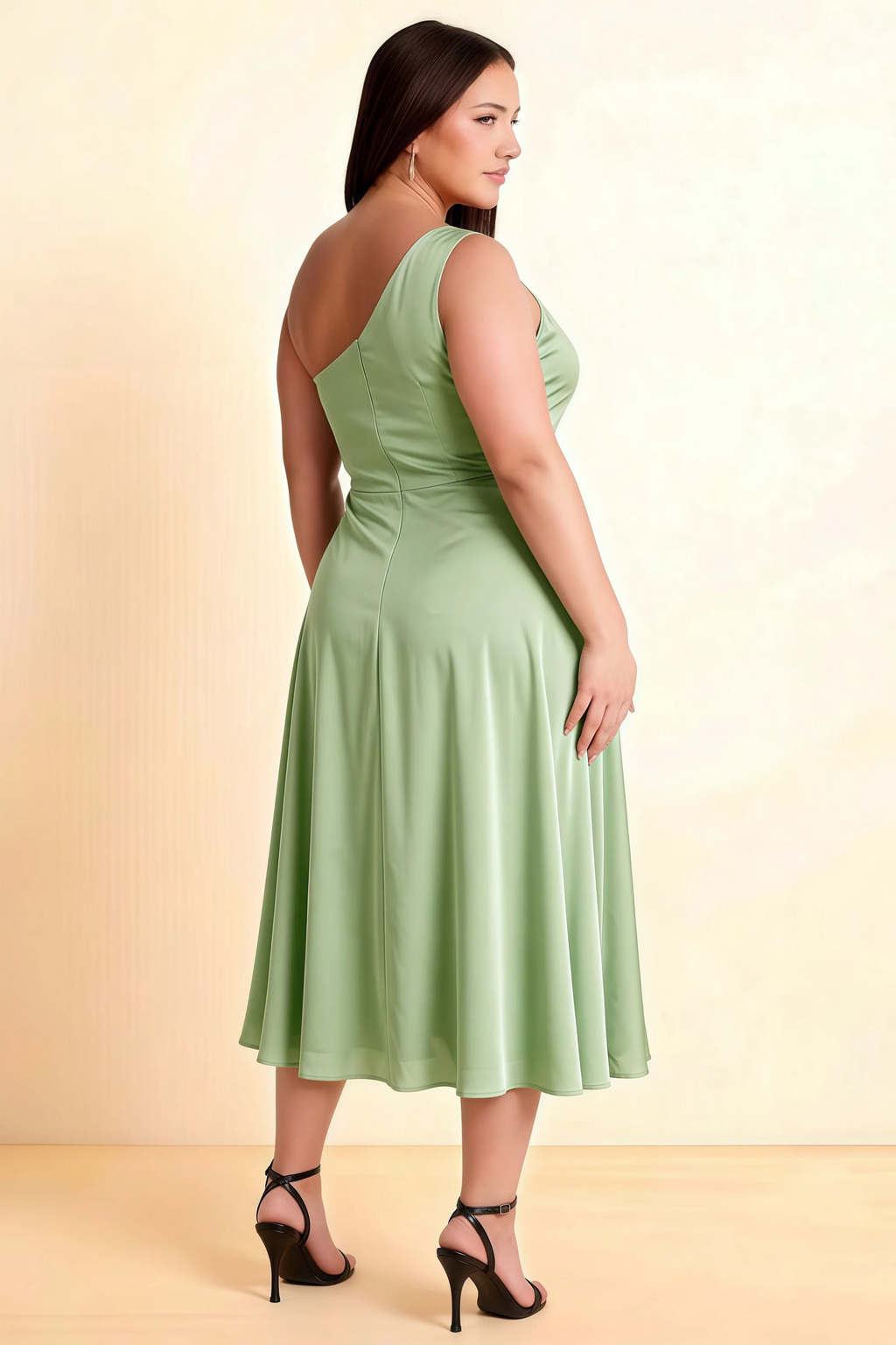 Alexa Light Green Satin One Shoulder Midi Dress with Slit