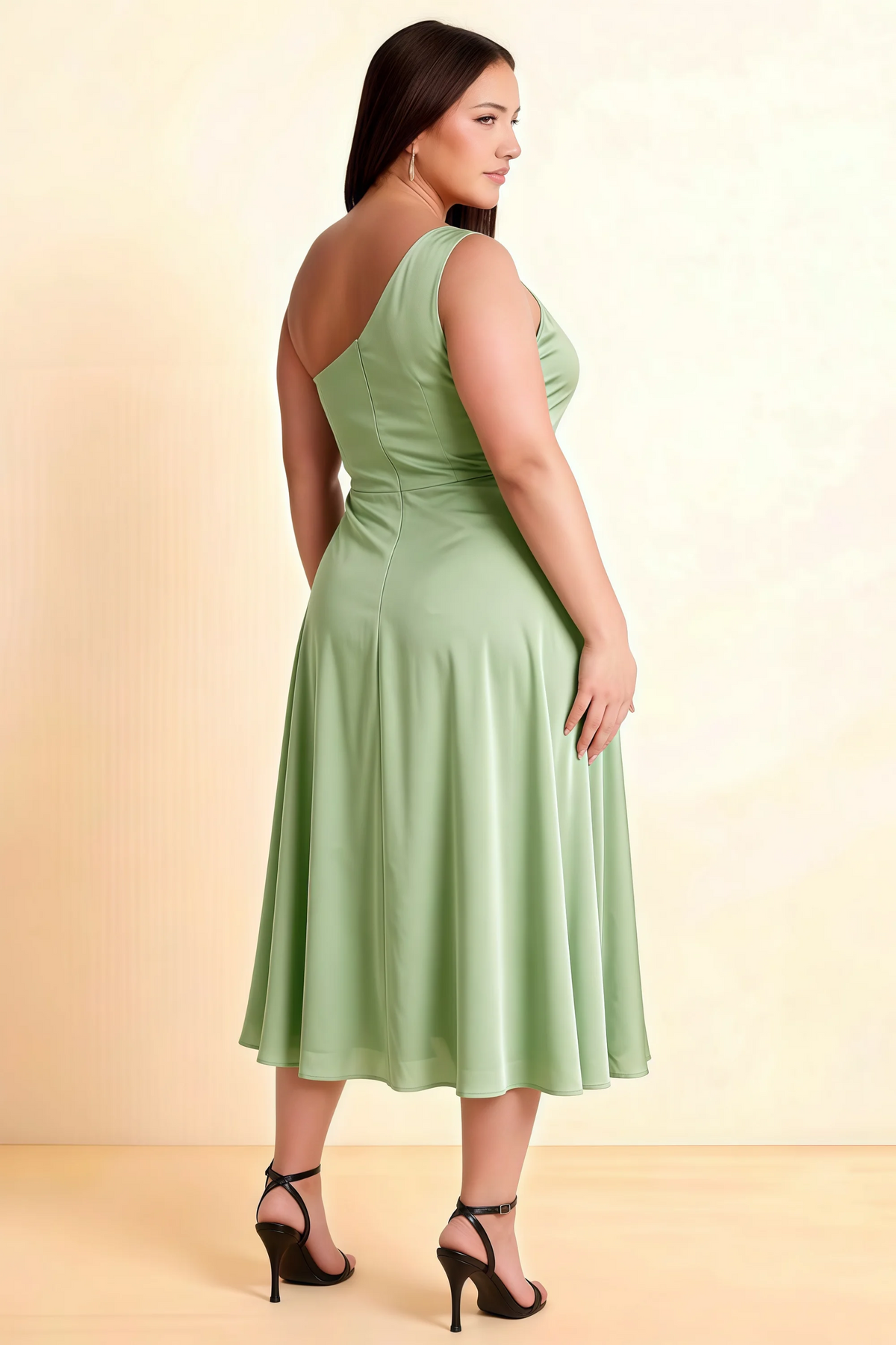 Alexa Light Green Satin One Shoulder Midi Dress with Slit