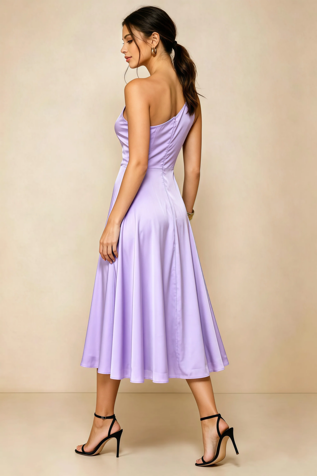 Alexa Lilac Satin One Shoulder Midi Dress with Slit