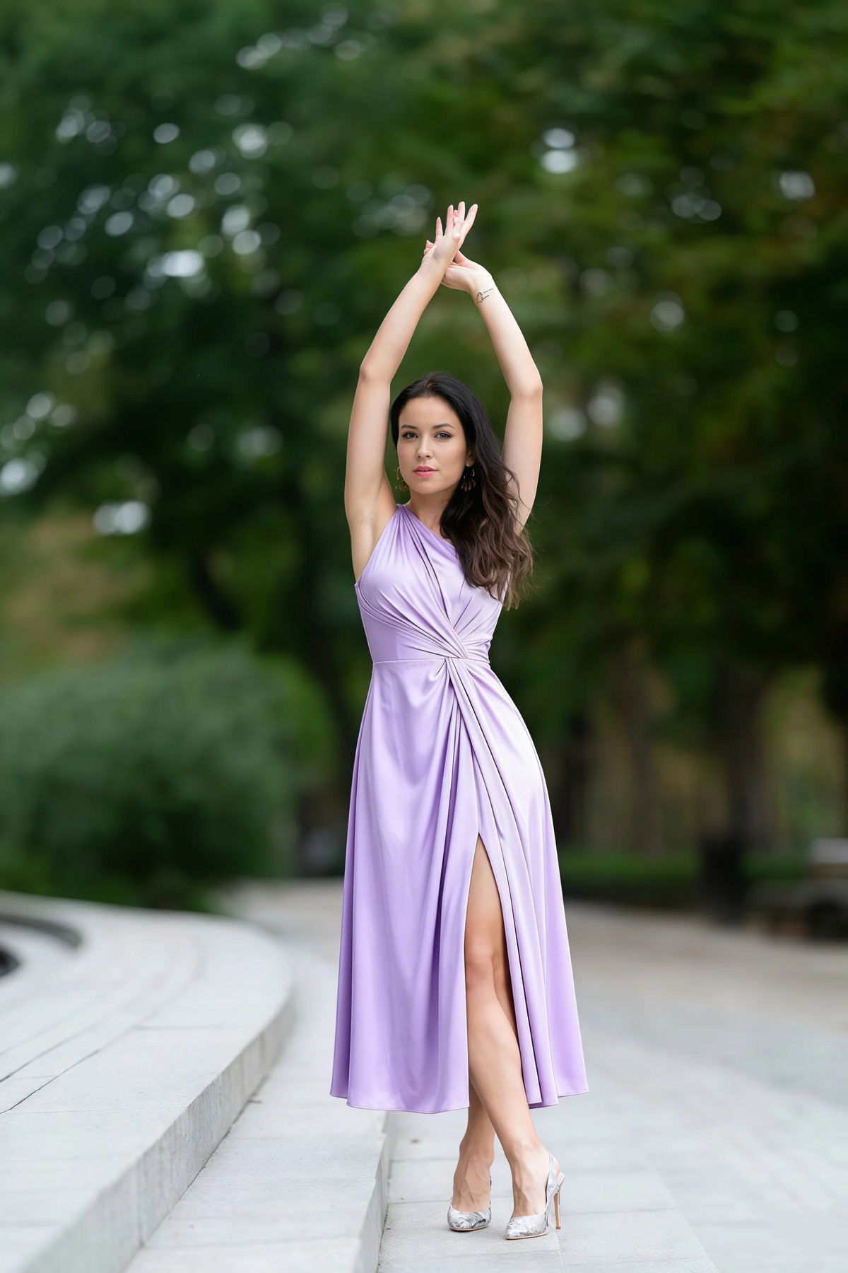 Alexa Lilac Satin One Shoulder Midi Dress with Slit