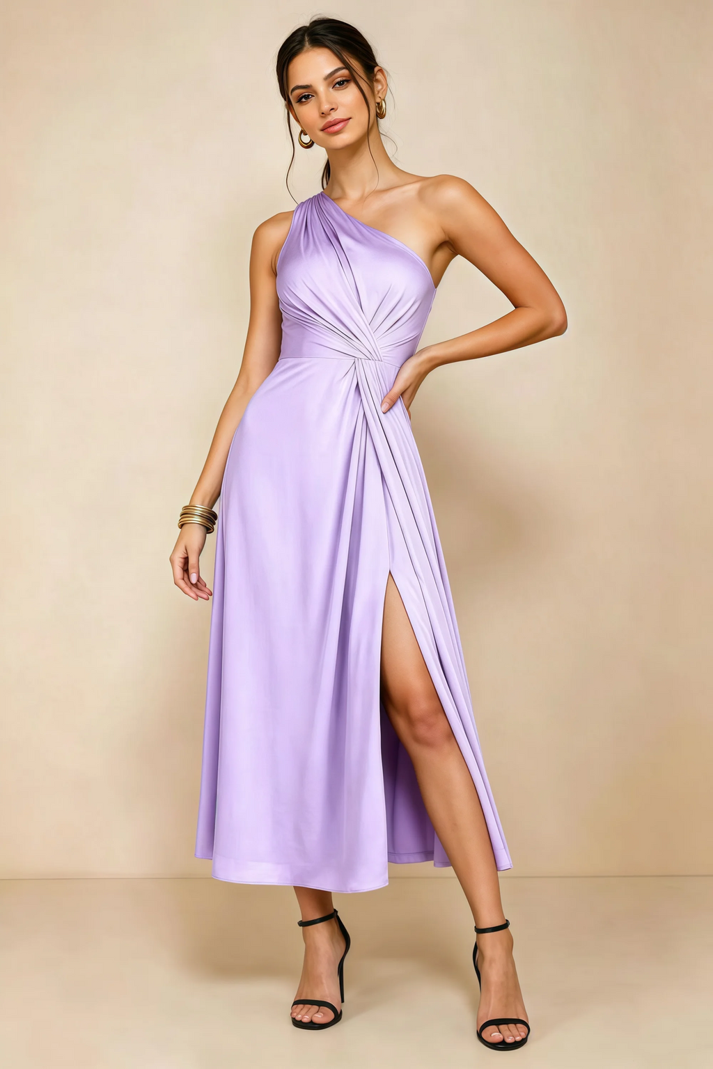 Alexa Lilac Satin One Shoulder Midi Dress with Slit