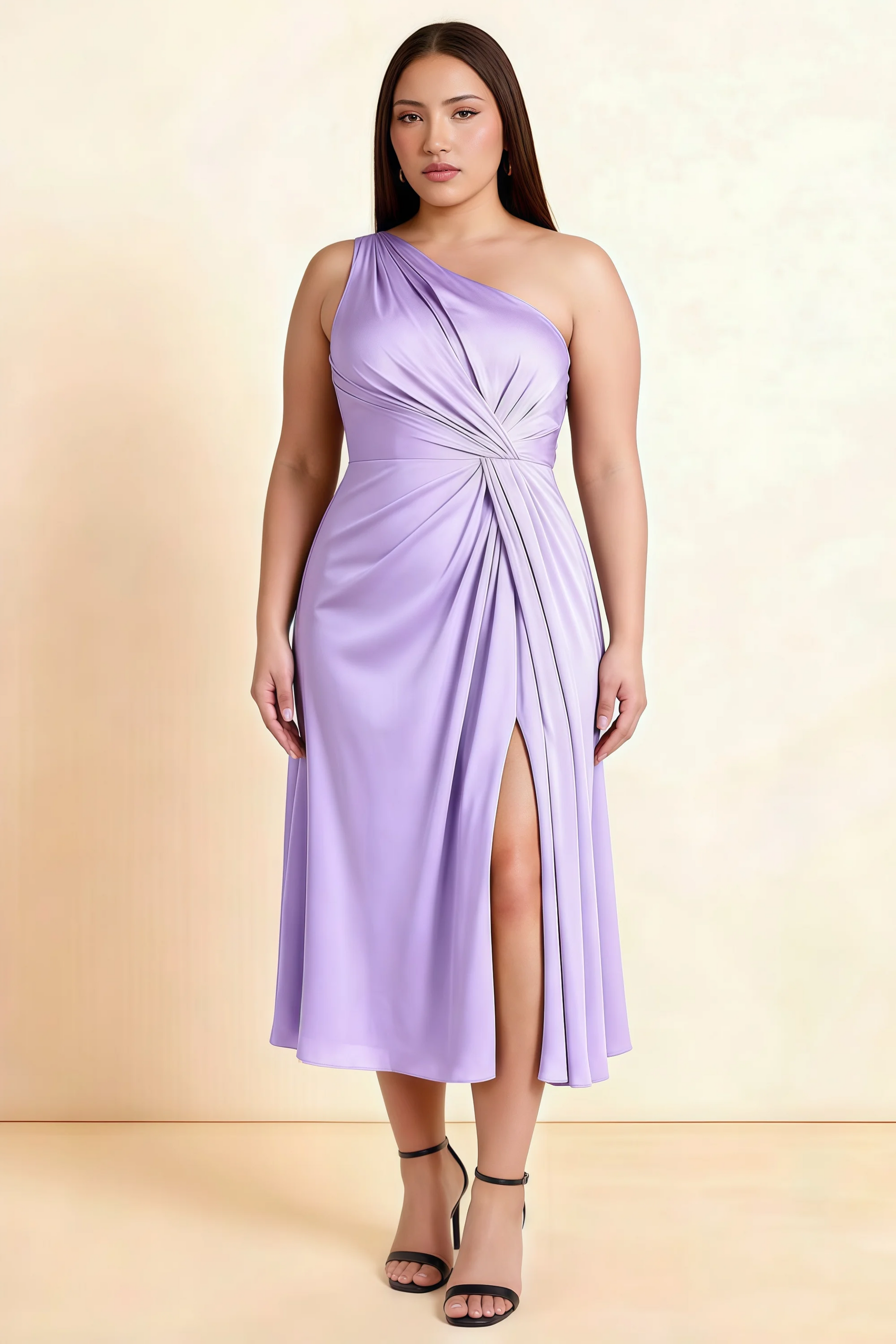 Alexa Lilac Satin One Shoulder Midi Dress with Slit