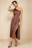 Alexa Mocha Satin One Shoulder Midi Dress with Slit
