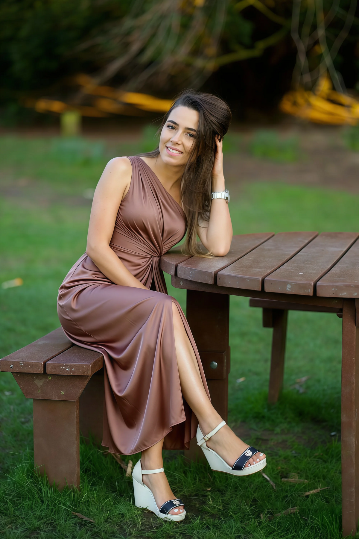 Alexa Mocha Satin One Shoulder Midi Dress with Slit