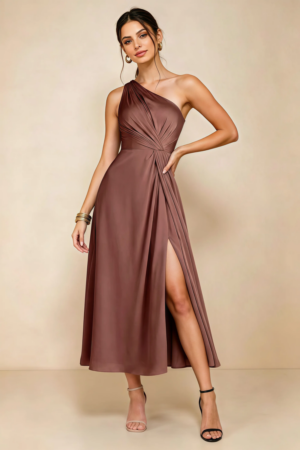 Alexa Mocha Satin One Shoulder Midi Dress with Slit