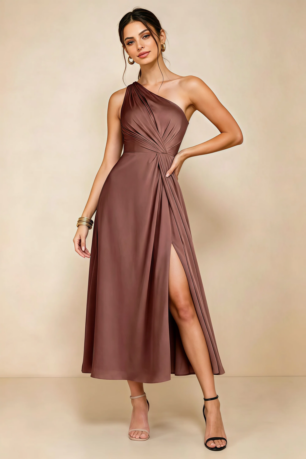 Alexa Mocha Satin One Shoulder Midi Dress with Slit