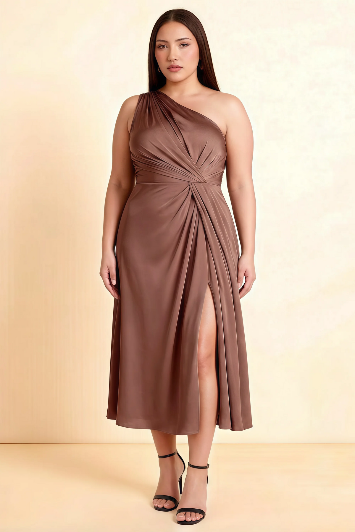 Alexa Mocha Satin One Shoulder Midi Dress with Slit