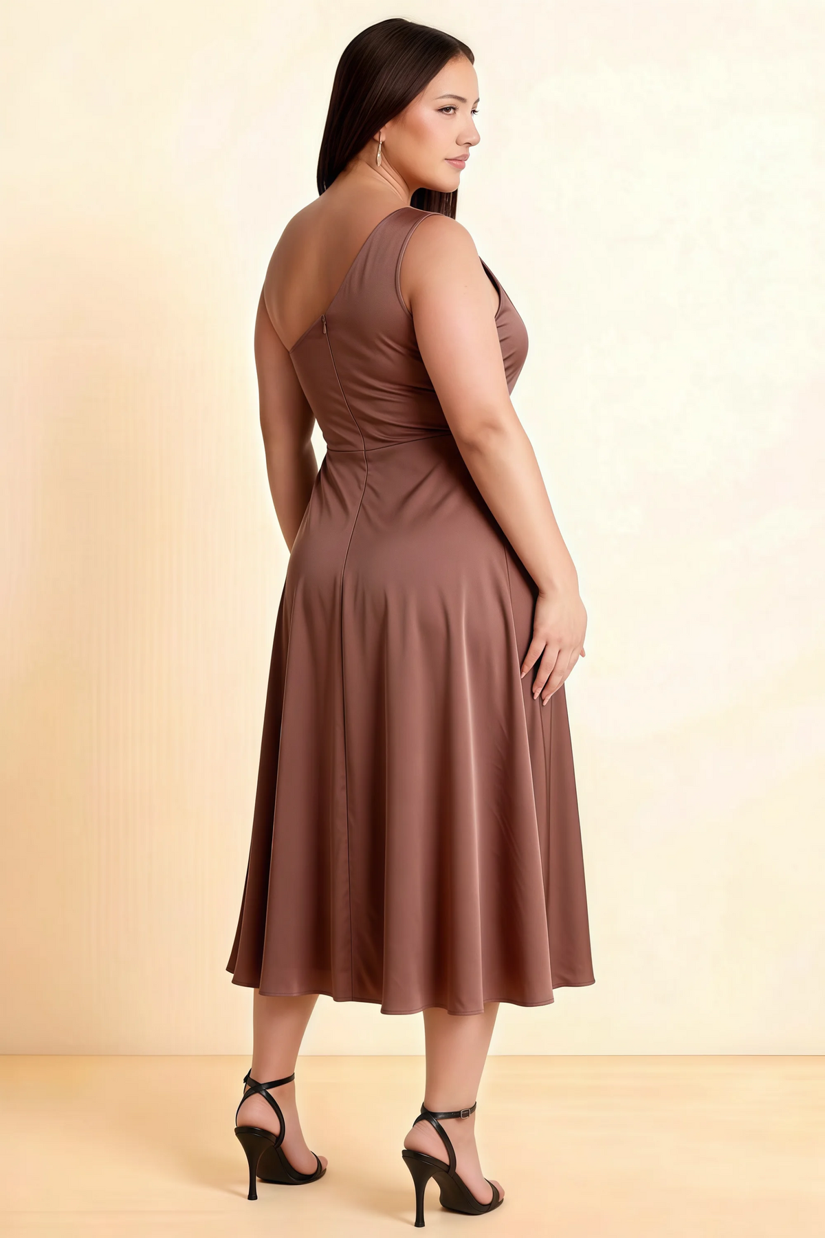 Alexa Mocha Satin One Shoulder Midi Dress with Slit