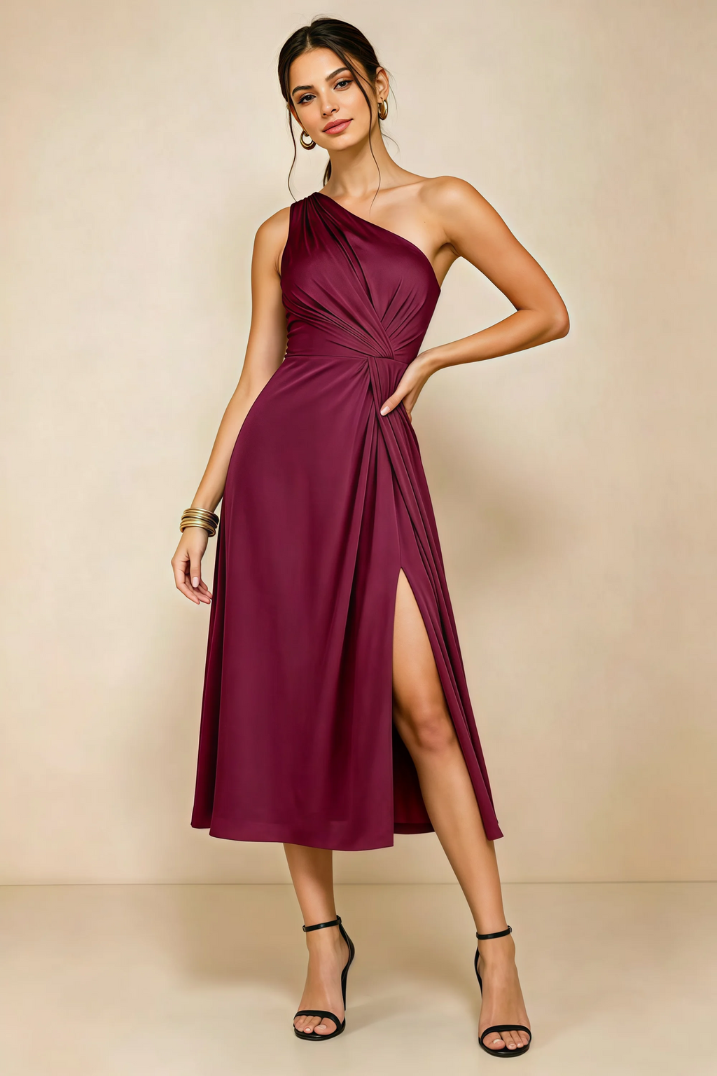 Alexa Mulberry Satin One Shoulder Midi Dress with Slit