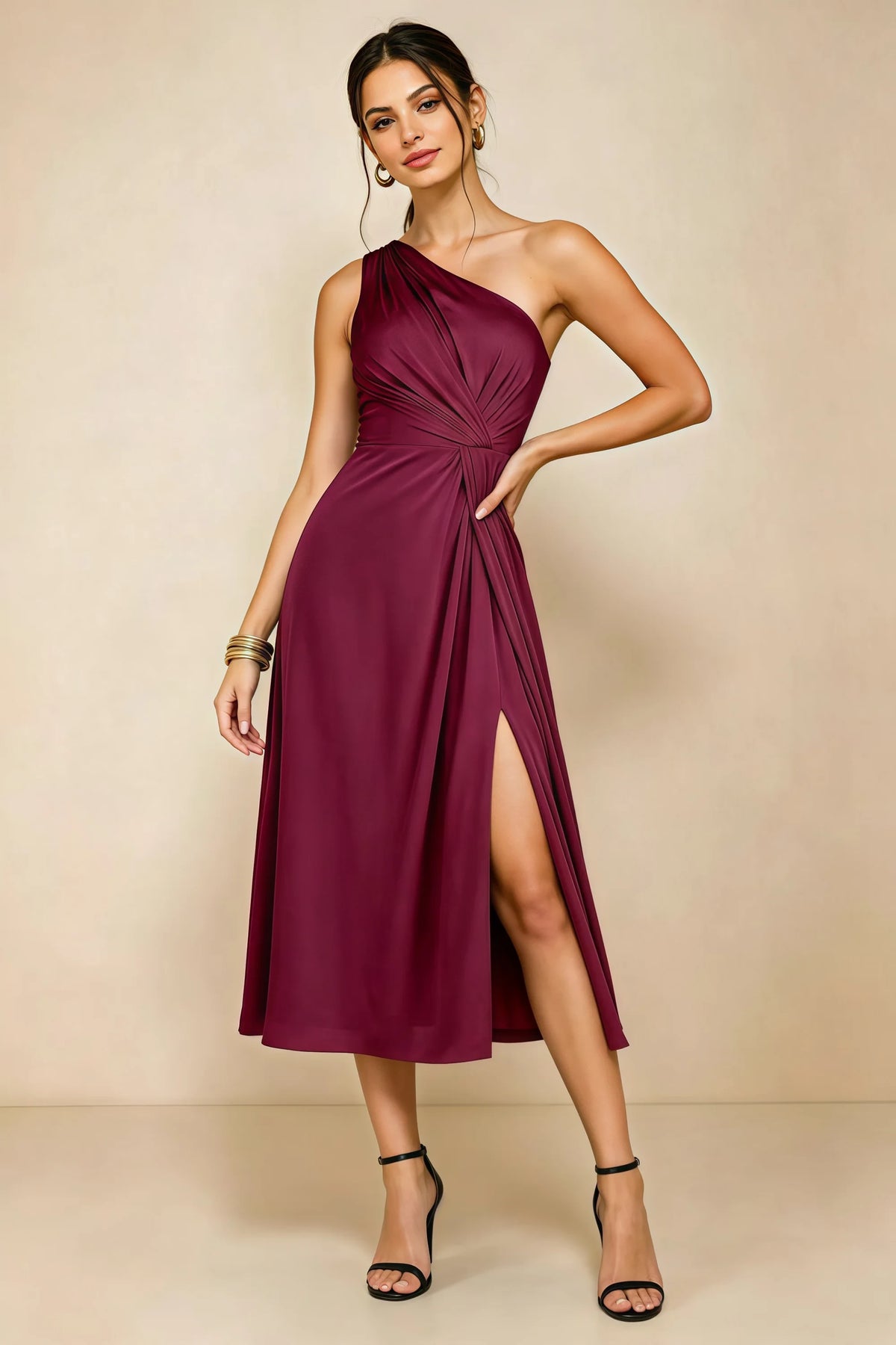 Alexa Mulberry Satin One Shoulder Midi Dress with Slit Imagen principal del producto