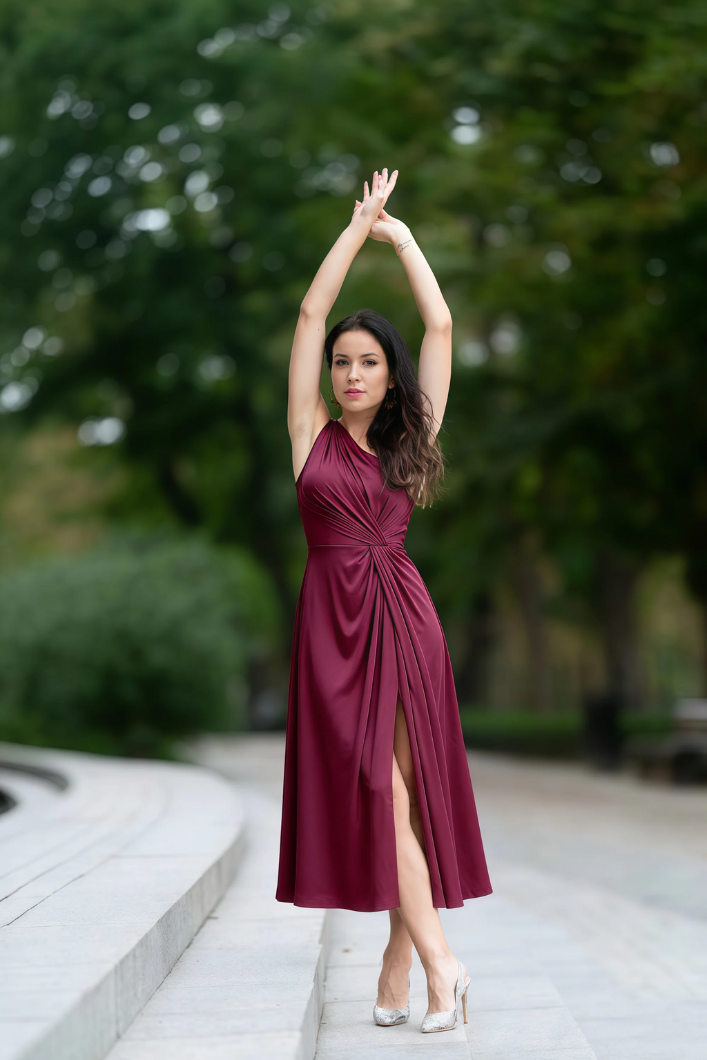 Alexa Mulberry Satin One Shoulder Midi Dress with Slit