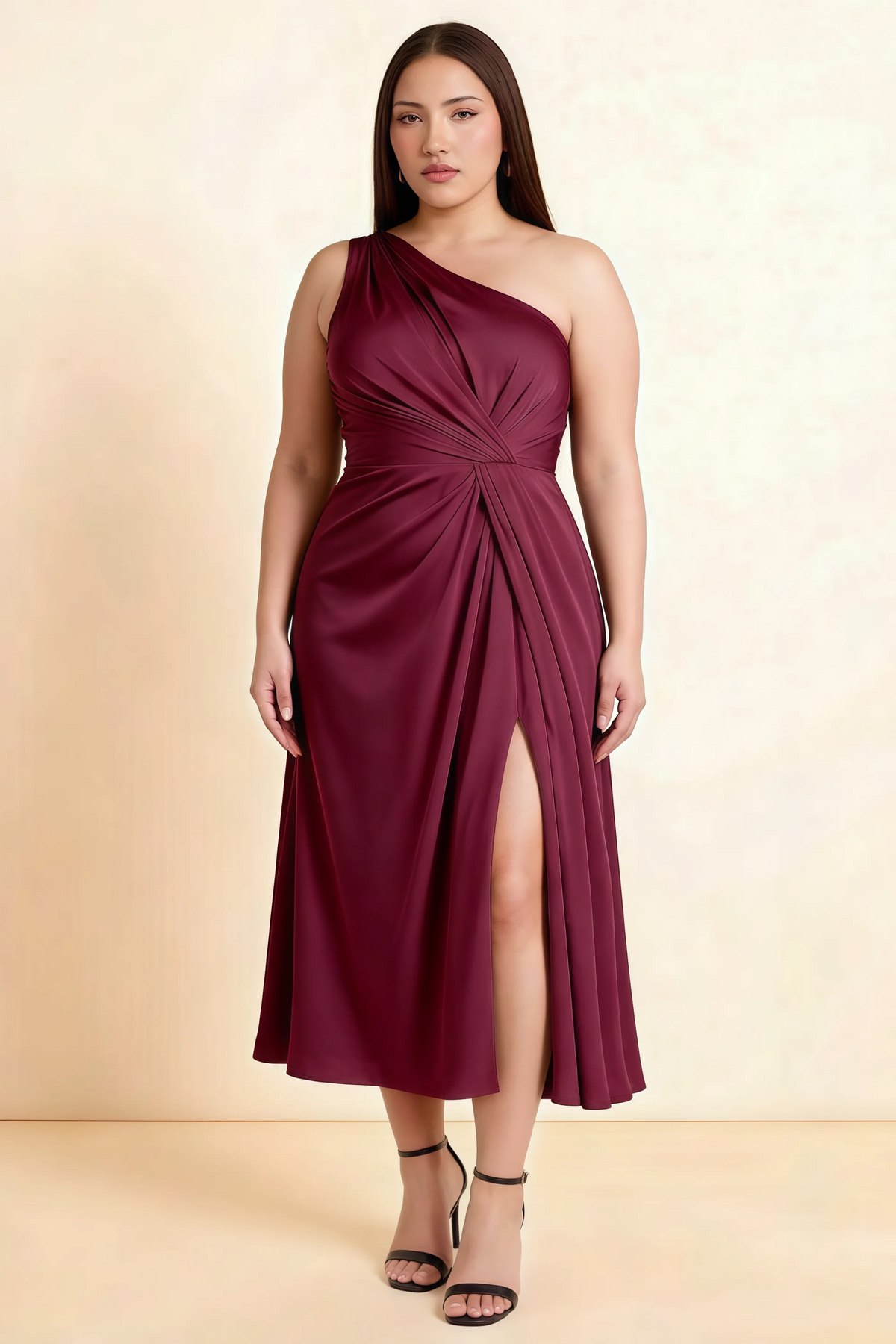 Alexa Mulberry Satin One Shoulder Midi Dress with Slit