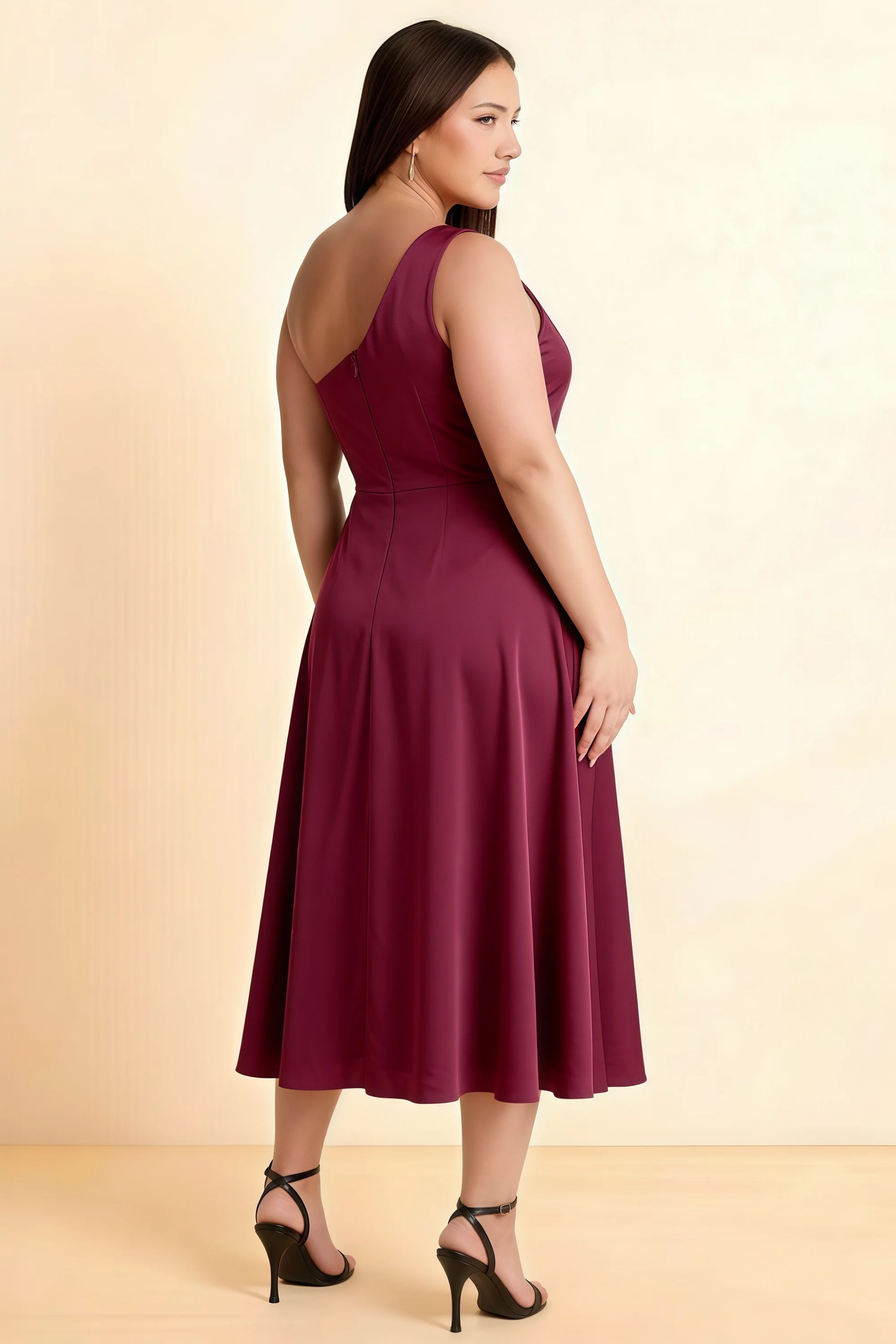 Alexa Mulberry Satin One Shoulder Midi Dress with Slit