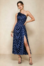 Alexa Navy Polka Dot One Shoulder Midi Dress with Slit