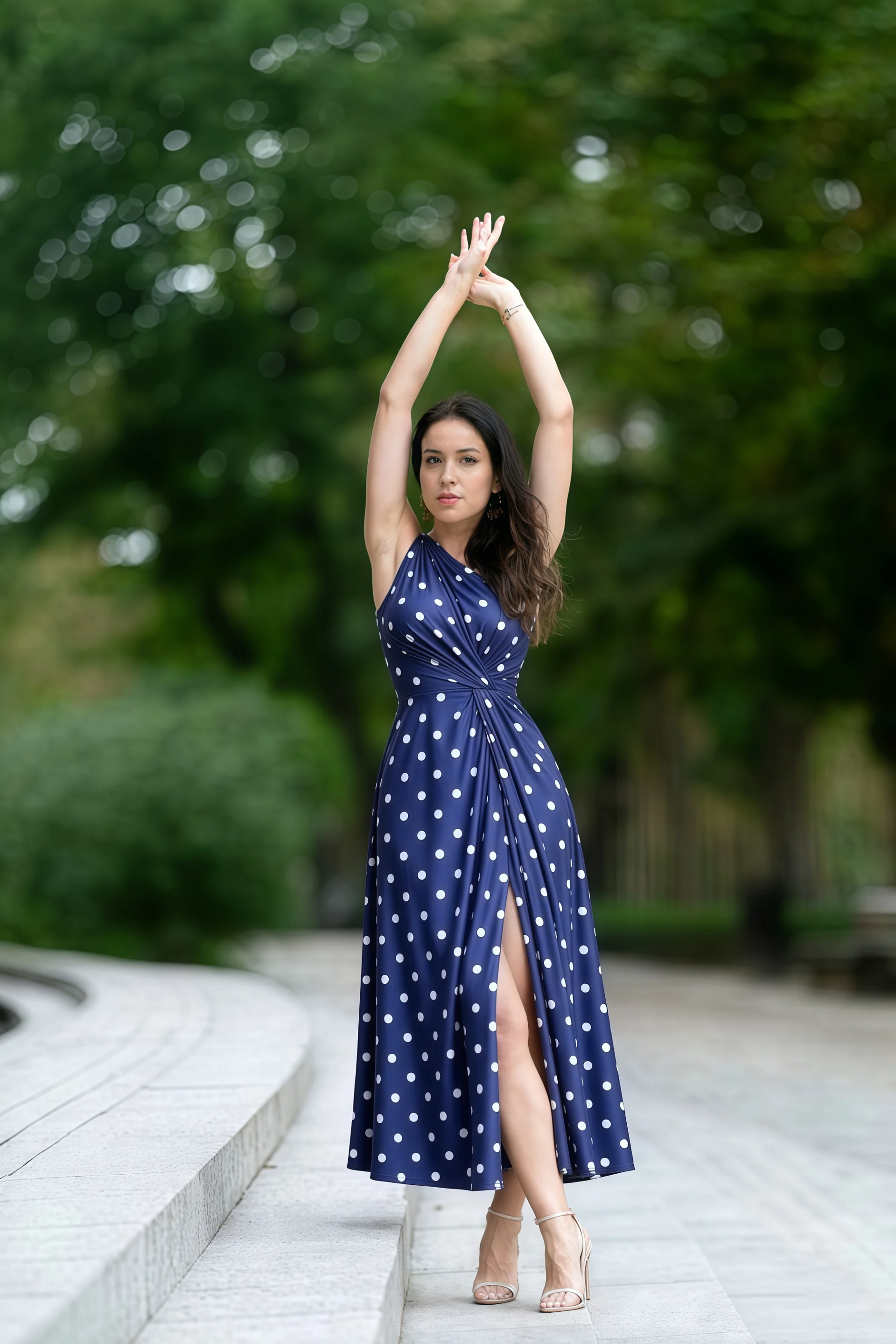 Alexa Navy Polka Dot One Shoulder Midi Dress with Slit