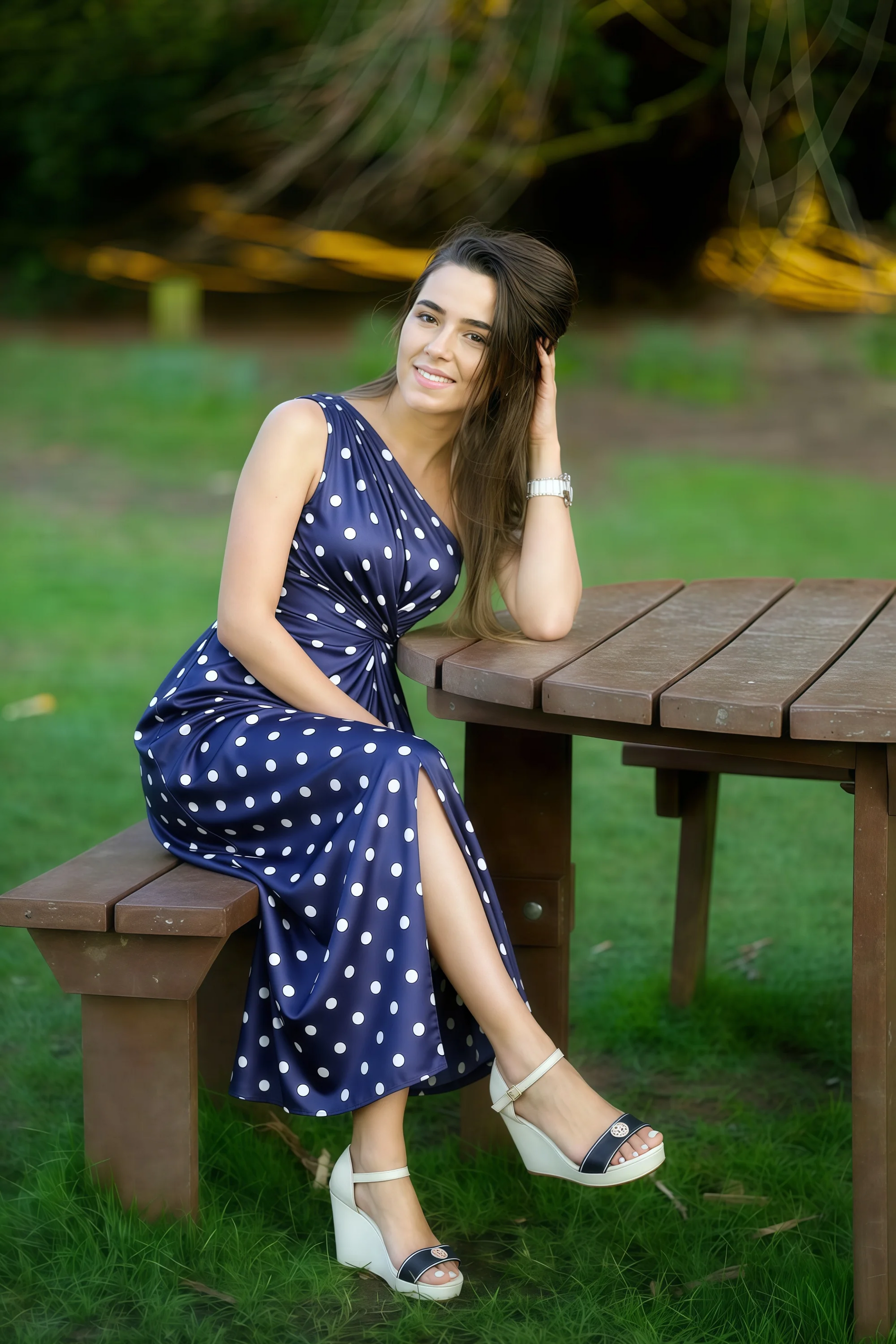 Alexa Navy Polka Dot One Shoulder Midi Dress with Slit