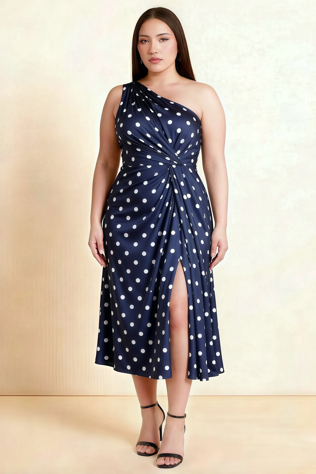 Alexa Navy Polka Dot One Shoulder Midi Dress with Slit