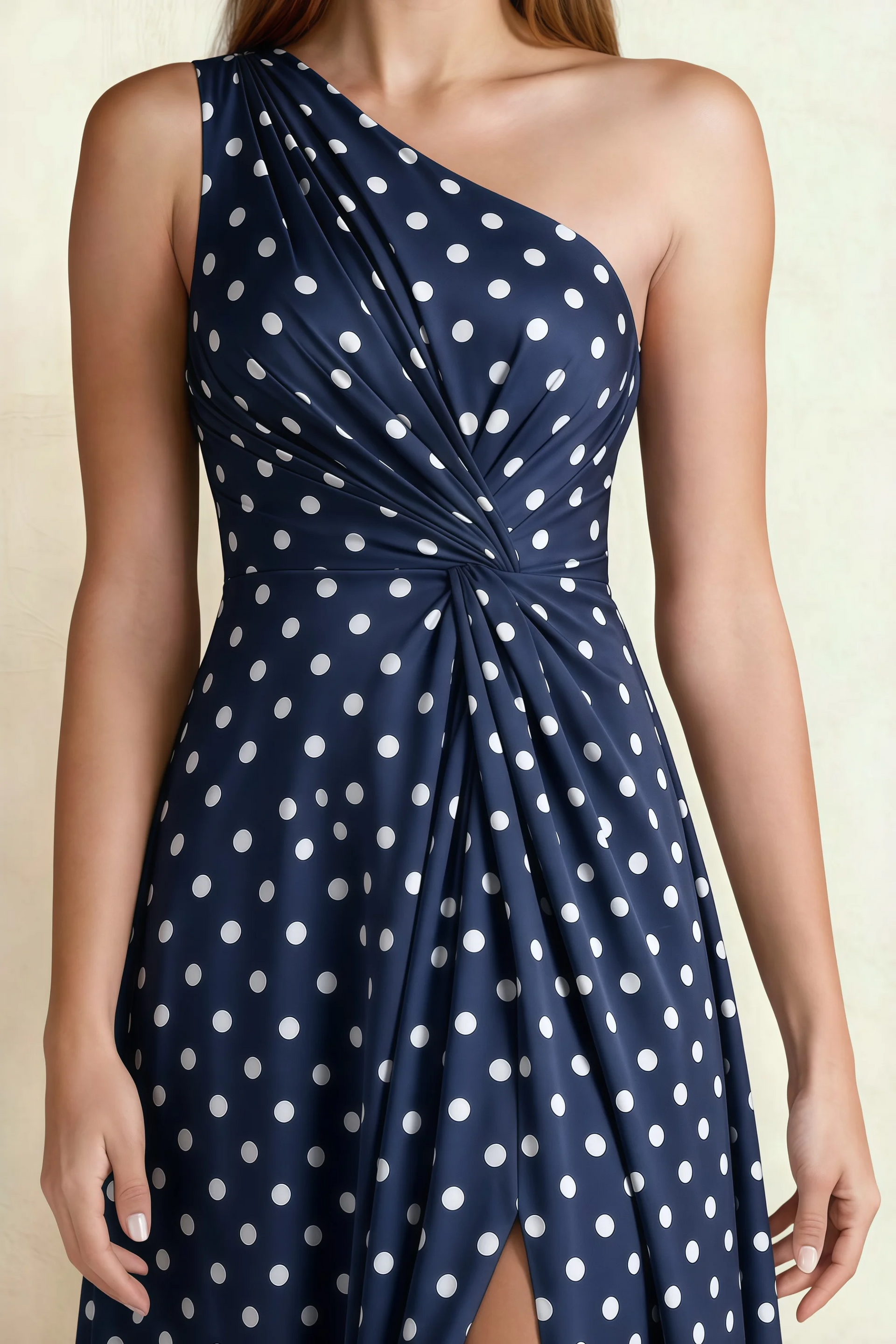 Alexa Navy Polka Dot One Shoulder Midi Dress with Slit