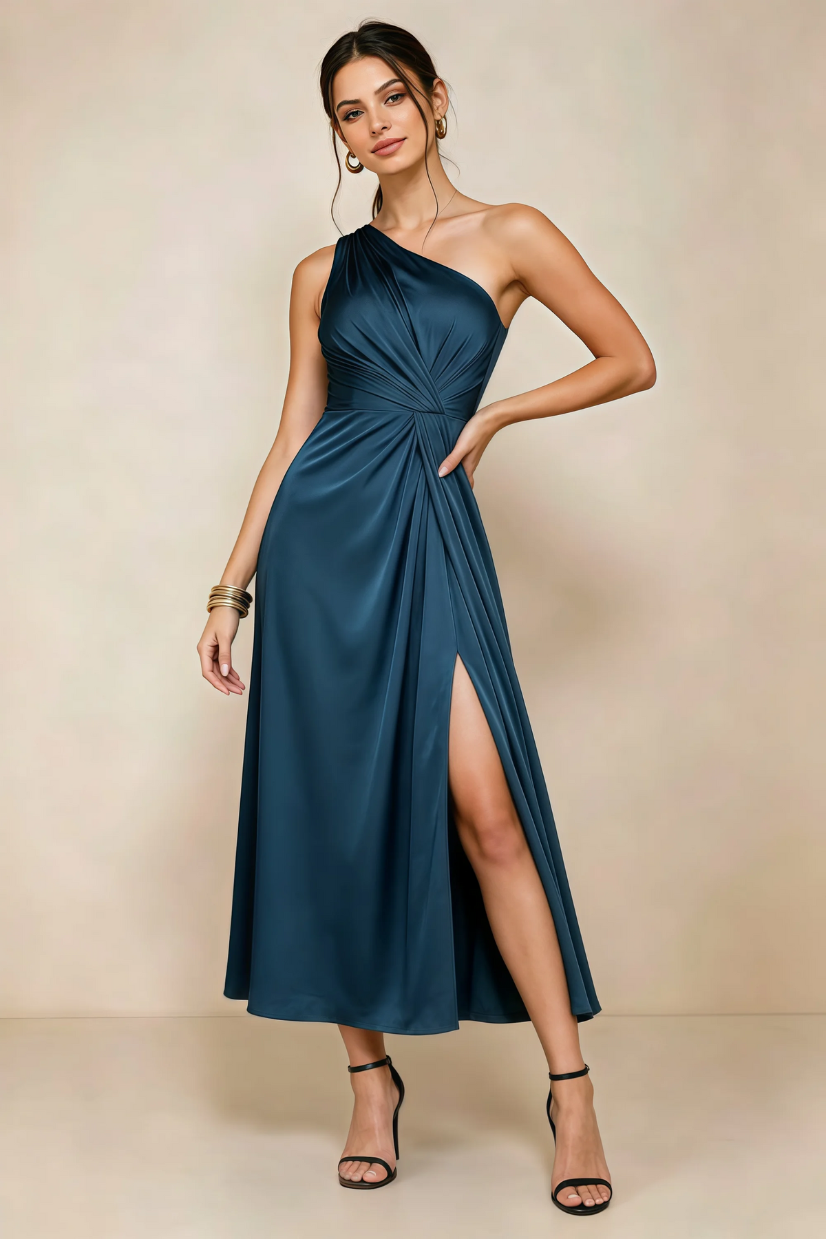Alexa Navy Satin One Shoulder Midi Dress with Slit