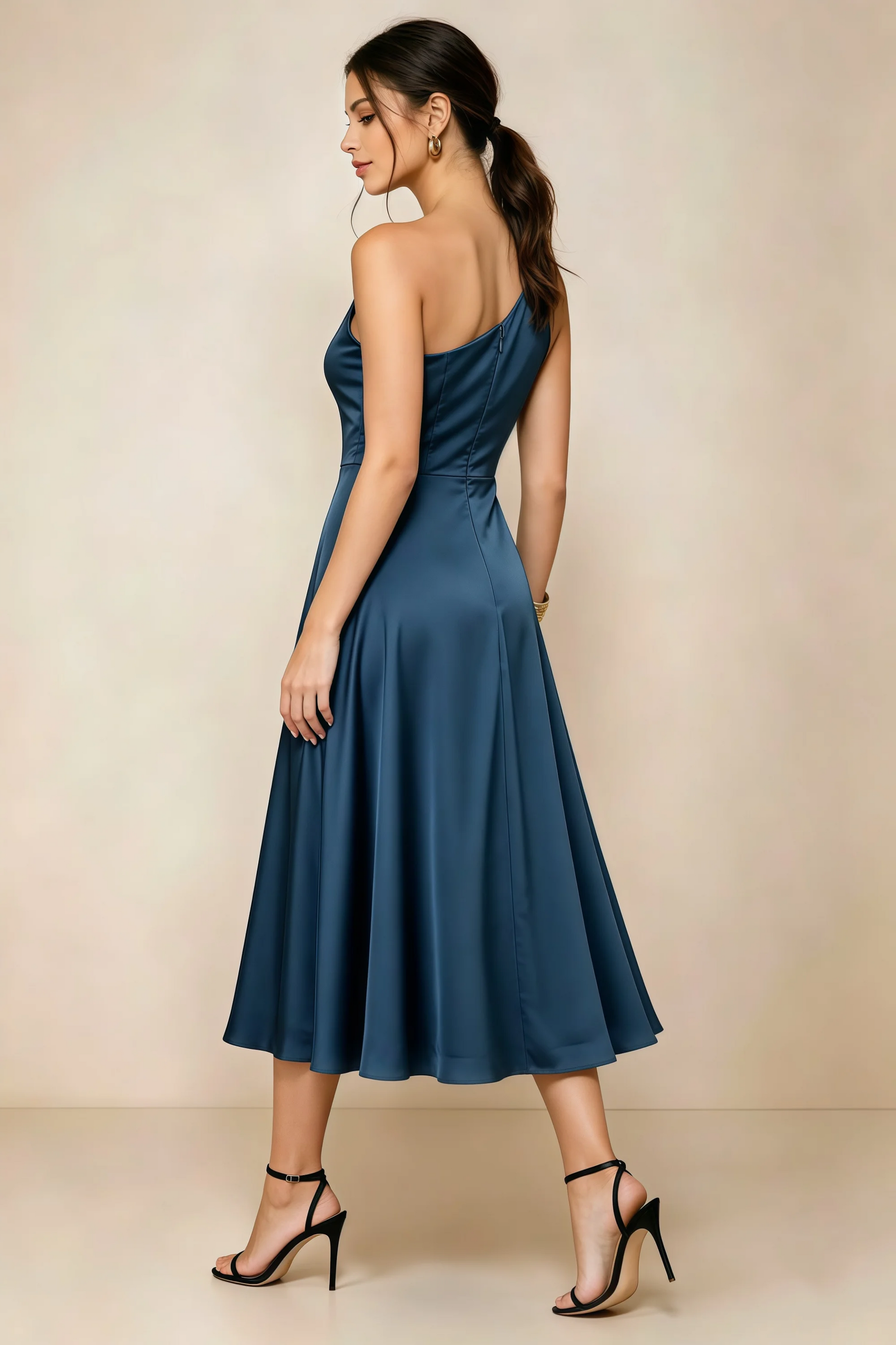 Alexa Navy Satin One Shoulder Midi Dress with Slit