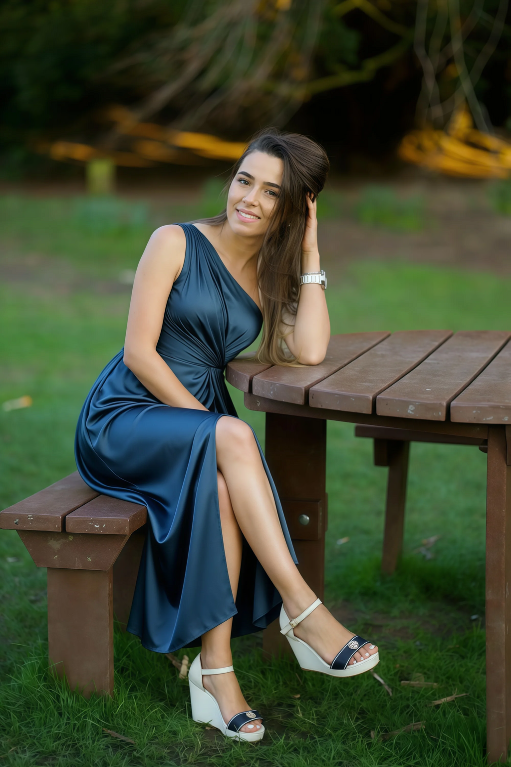 Alexa Navy Satin One Shoulder Midi Dress with Slit