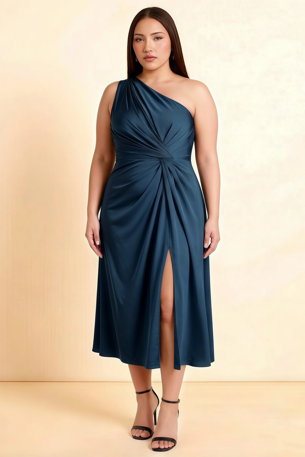 Alexa Navy Satin One Shoulder Midi Dress with Slit
