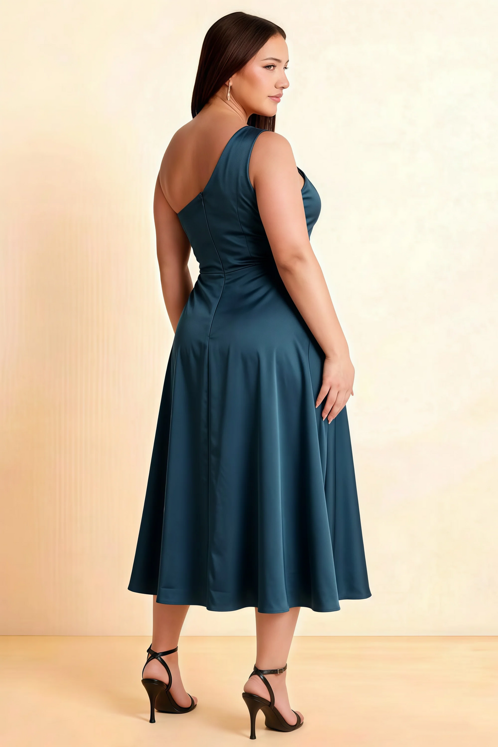 Alexa Navy Satin One Shoulder Midi Dress with Slit