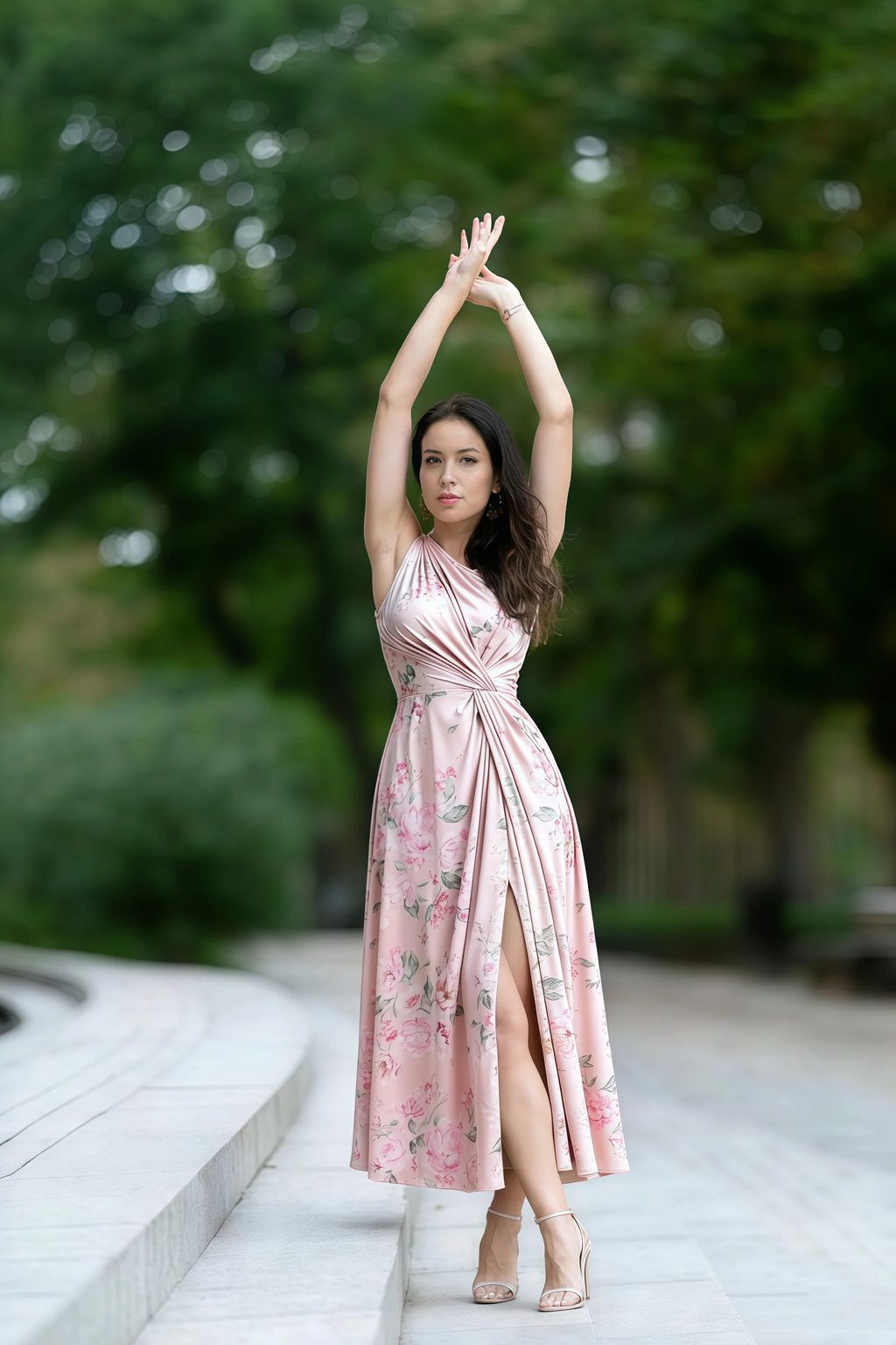 Alexa Pink Floral One Shoulder Midi Dress with Slit