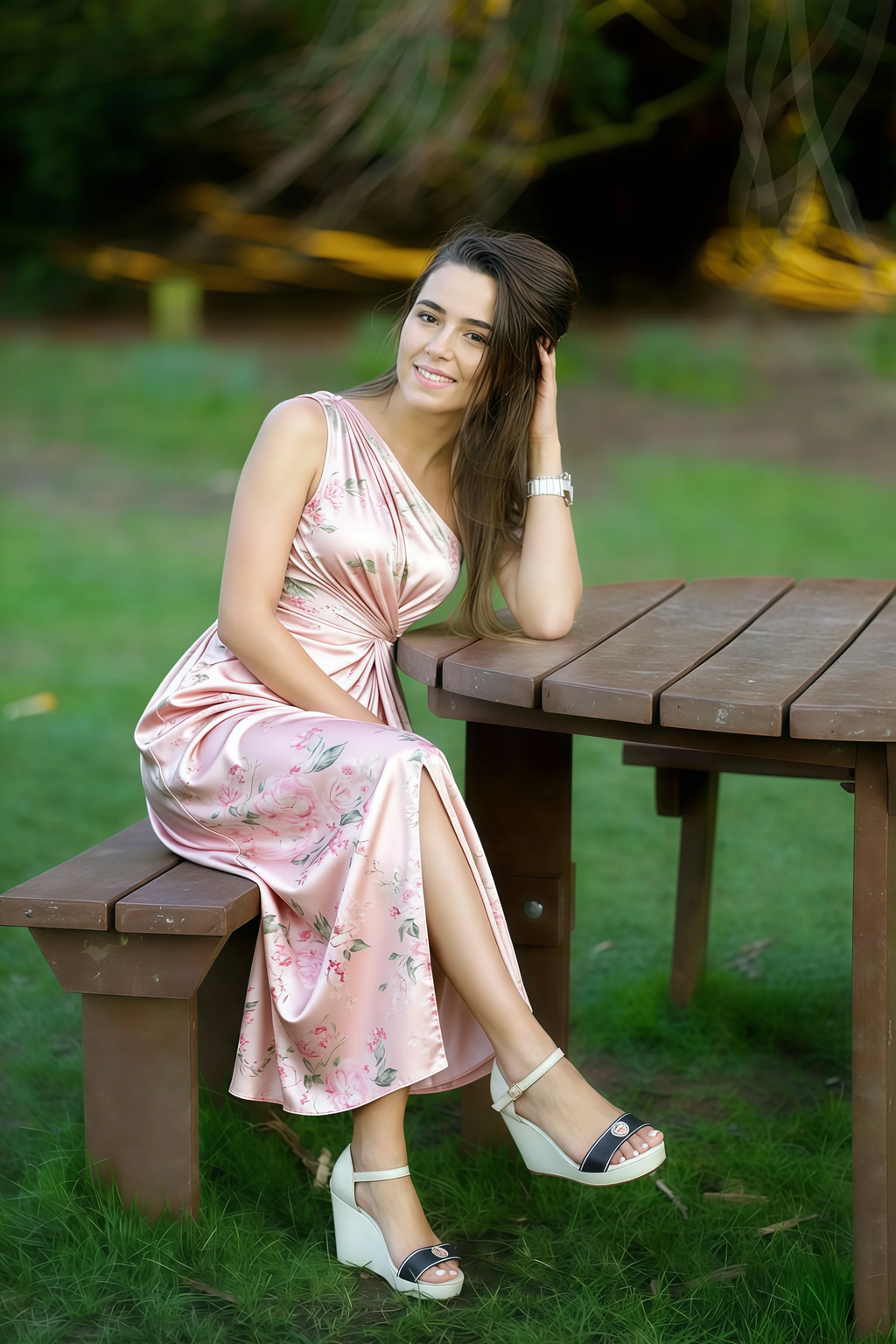 Alexa Pink Floral One Shoulder Midi Dress with Slit
