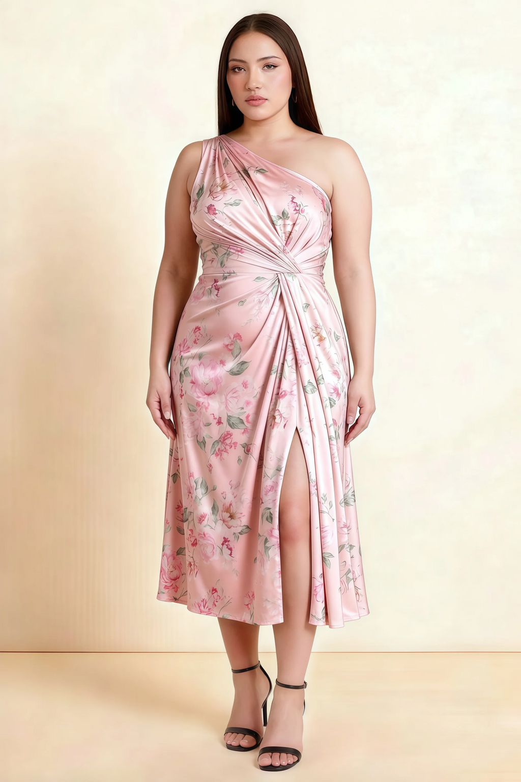 Alexa Pink Floral One Shoulder Midi Dress with Slit