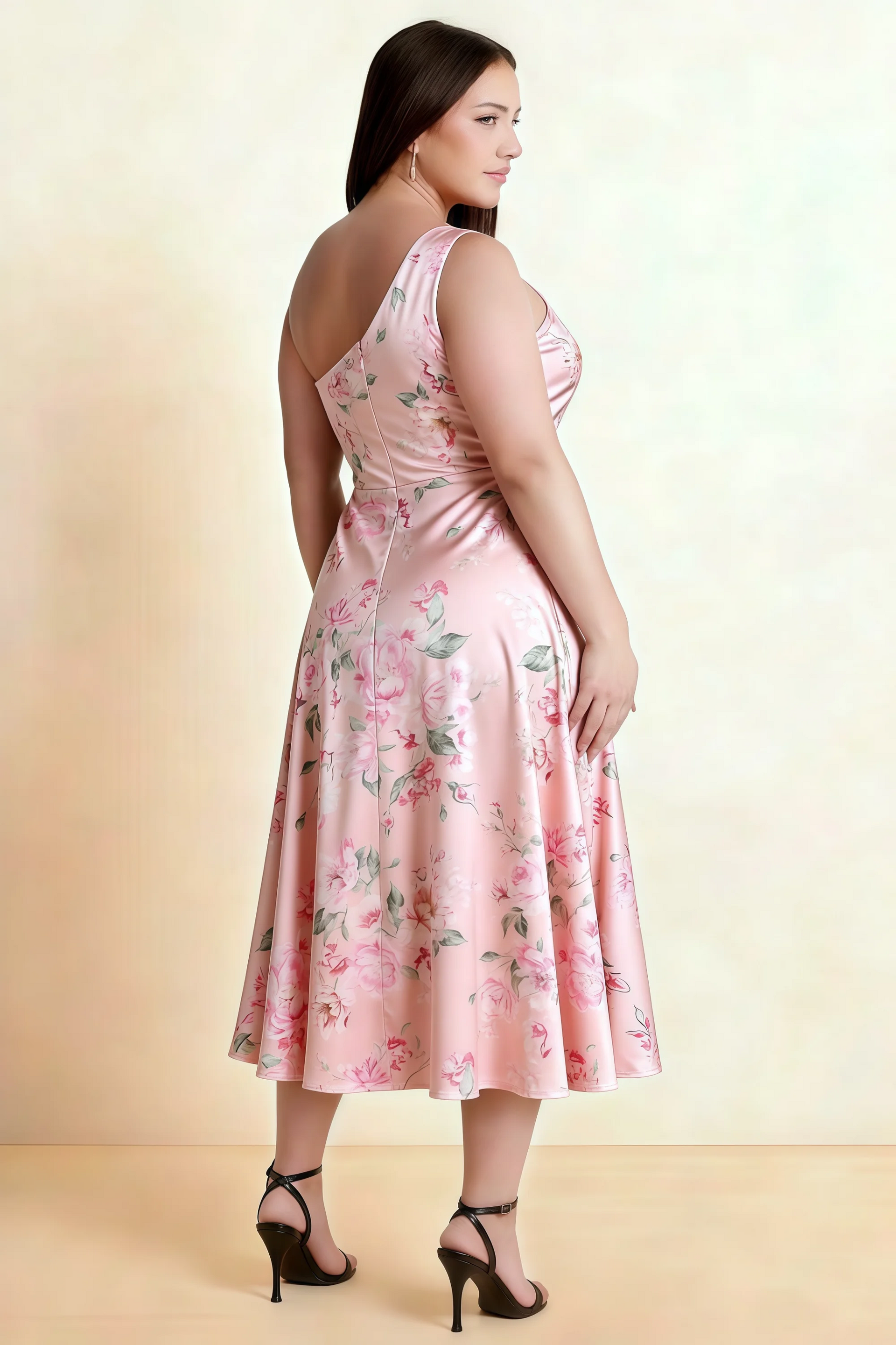 Alexa Pink Floral One Shoulder Midi Dress with Slit