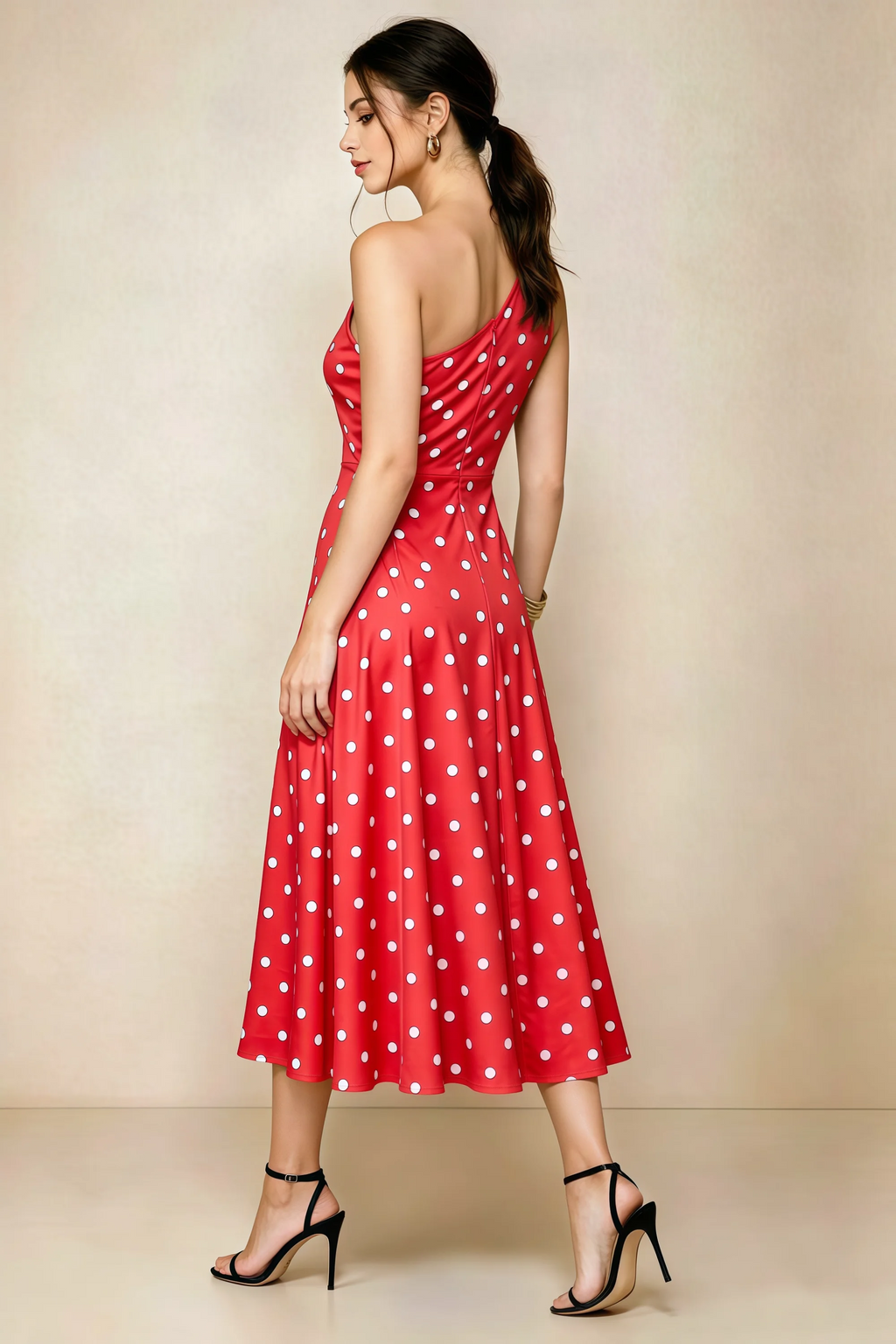Alexa Red Polka Dot One Shoulder Midi Dress with Slit