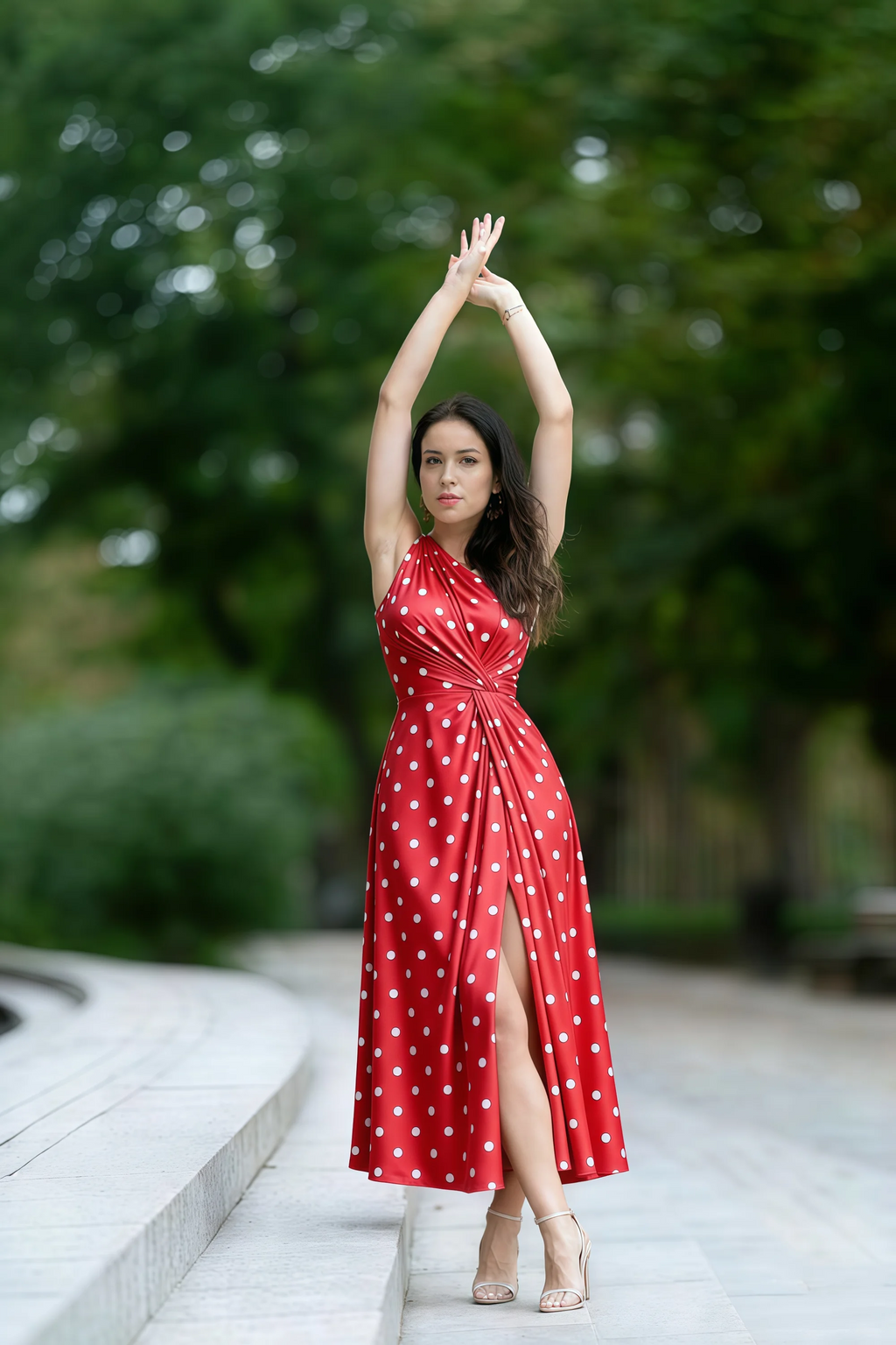 Alexa Red Polka Dot One Shoulder Midi Dress with Slit