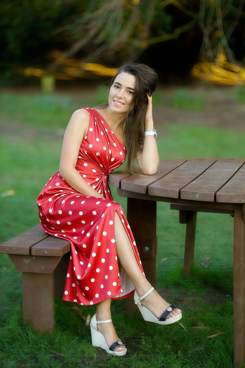 Alexa Red Polka Dot One Shoulder Midi Dress with Slit